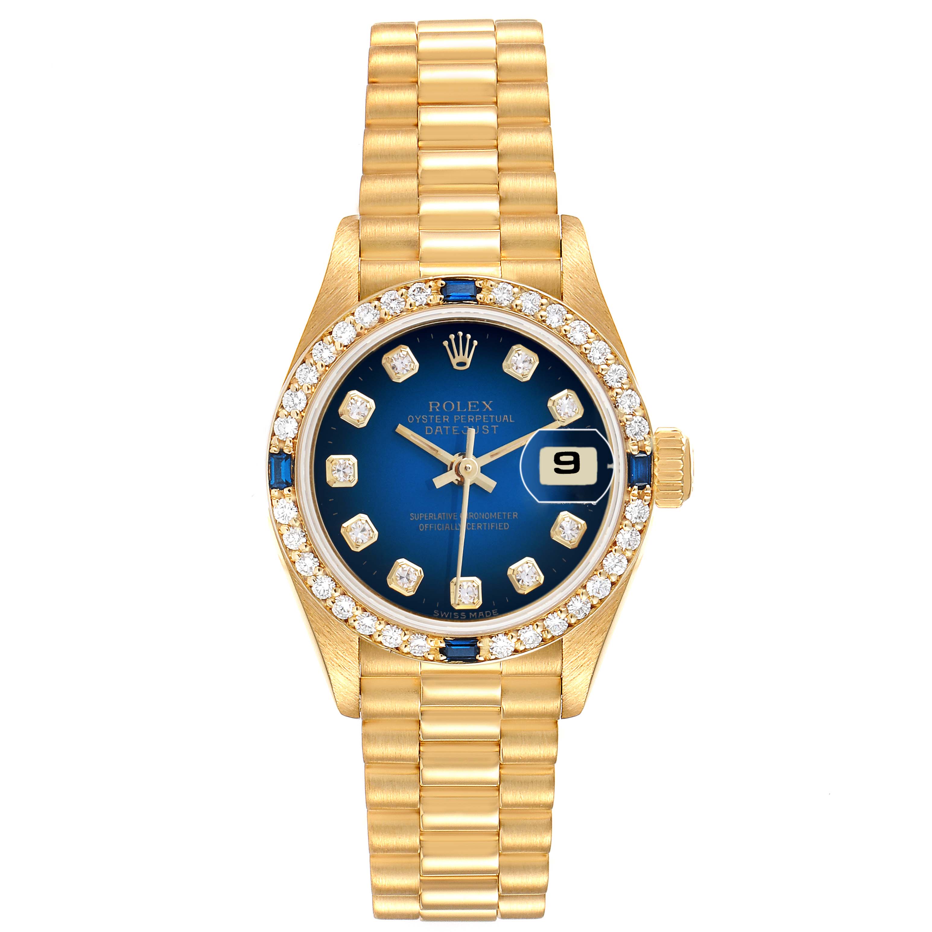 The Rolex President 69088 Women's Yellow Gold Blue Dial model watch is shown from a top view, highlighting its face, bezel, bracelet, and crown.