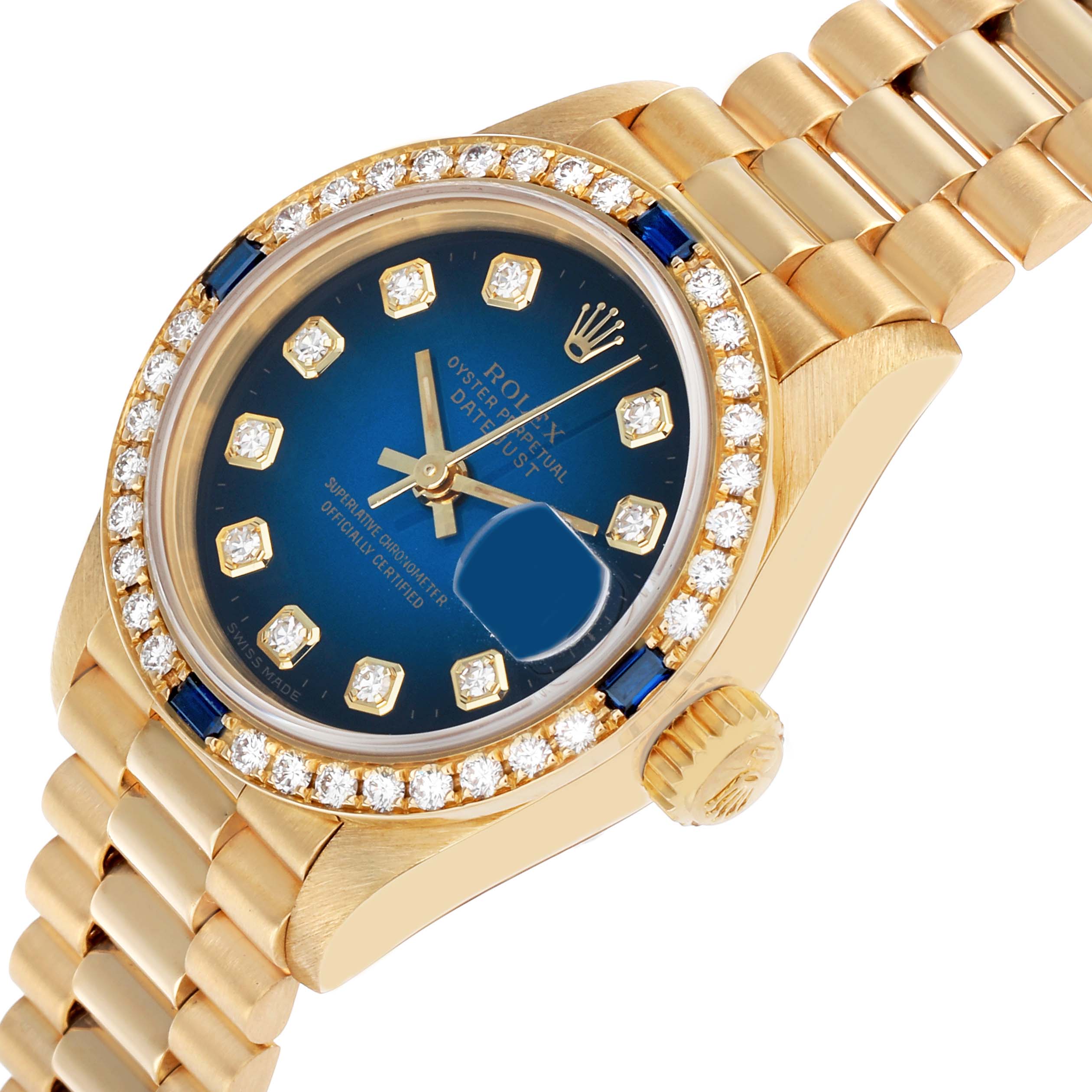 The Rolex President 69088 Women's Yellow Gold Blue Dial model is shown at an angled view, highlighting the blue dial, diamond bezel, and gold bracelet.