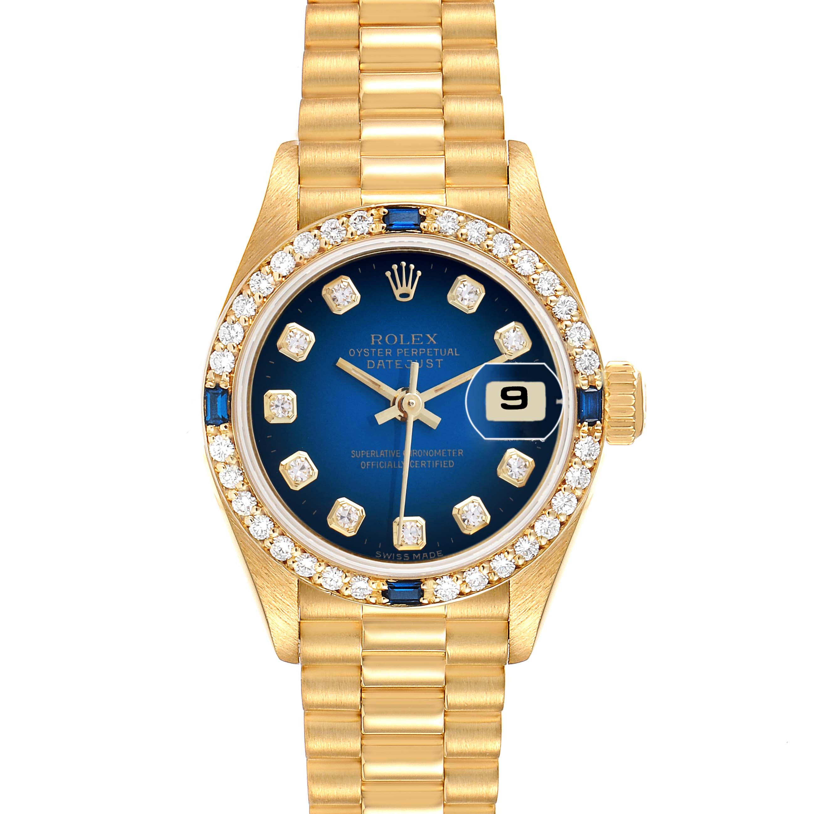 The Rolex President 69088 Women's Yellow Gold Blue Dial model watch is shown from the front, displaying the dial, bracelet, and date function.