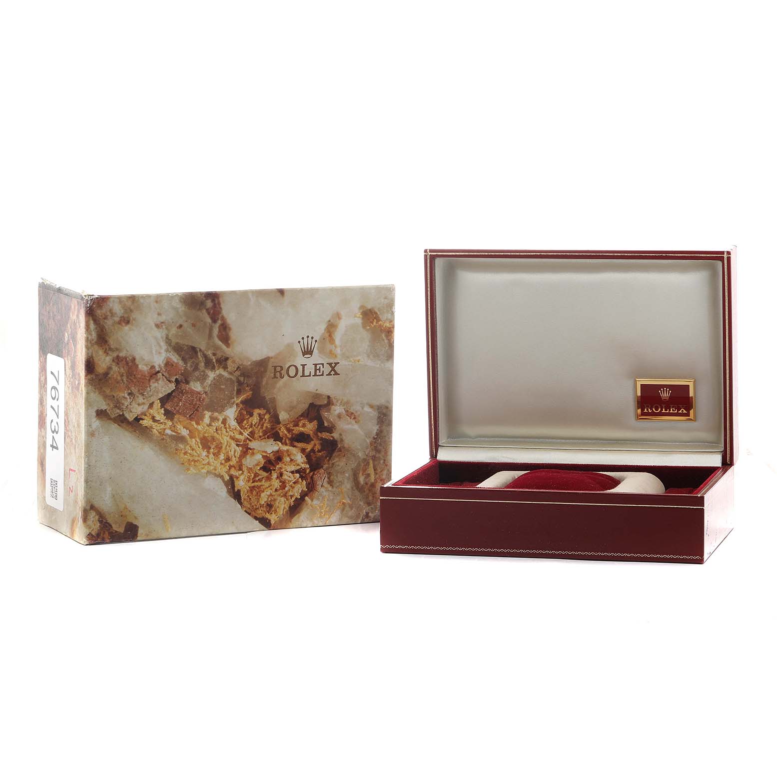 The image shows the packaging for the Rolex President 69088 Women's Yellow Gold Blue Dial model, including an open watch box and an outer box.