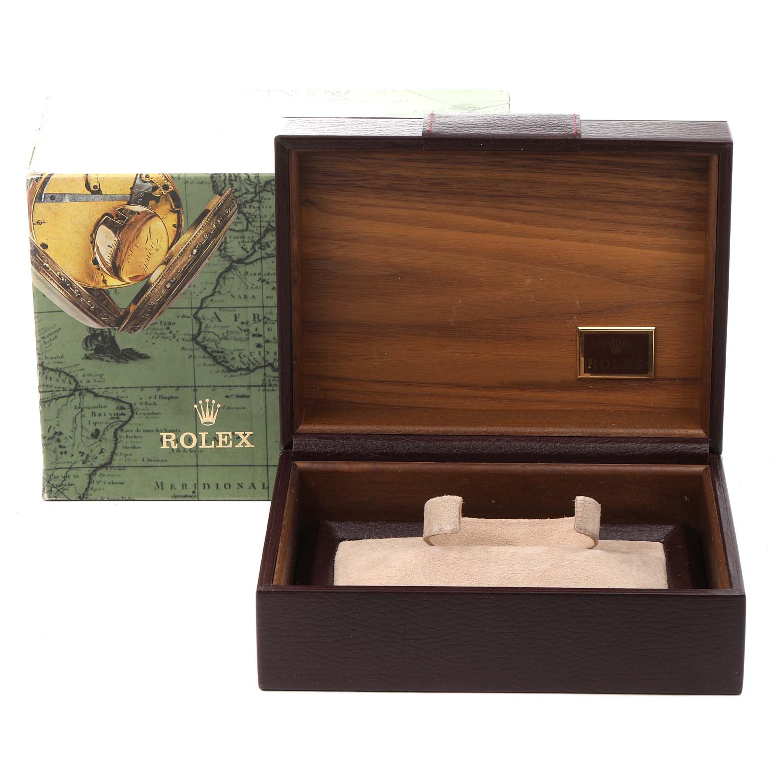 The image shows an open wooden watch box and outer packaging for a Rolex President 18388 Men's Yellow Gold Brown Dial 18388 Men's Yellow Gold Brown Dial model watch.