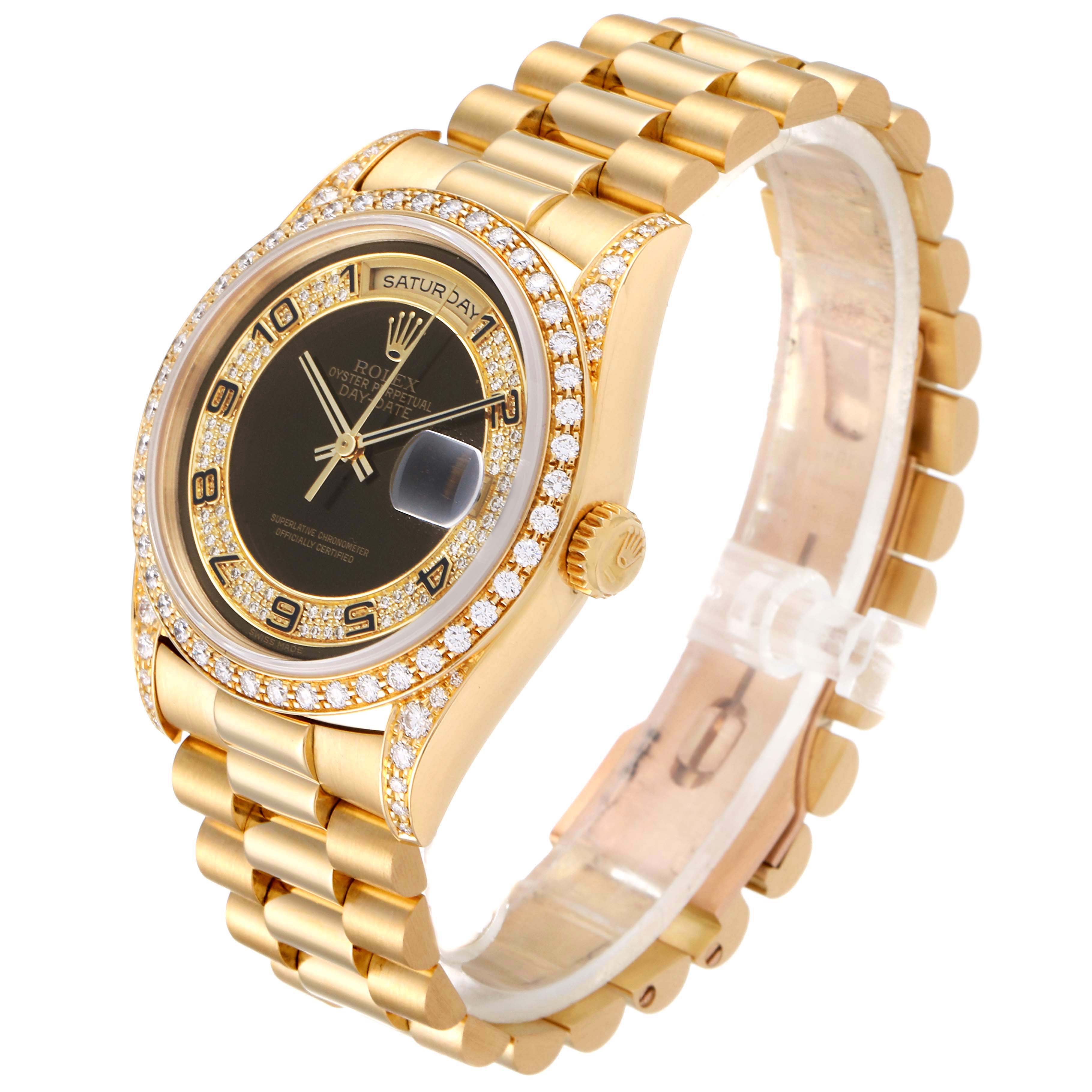This Rolex President 18388 Men's Yellow Gold Brown Dial 18388 Men's Yellow Gold Brown Dial model watch is shown at a 3/4 angle, displaying its gold bracelet, black dial, date window, and diamond bezel.