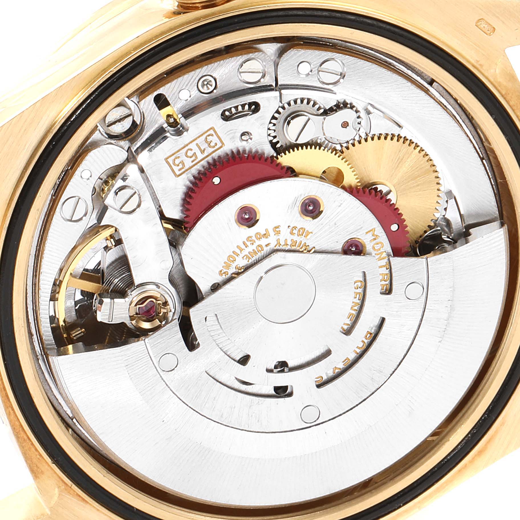 This image shows the internal movement mechanism of a Rolex President 18388 Men's Yellow Gold Brown Dial 18388 Men's Yellow Gold Brown Dial model watch from a rear angle.