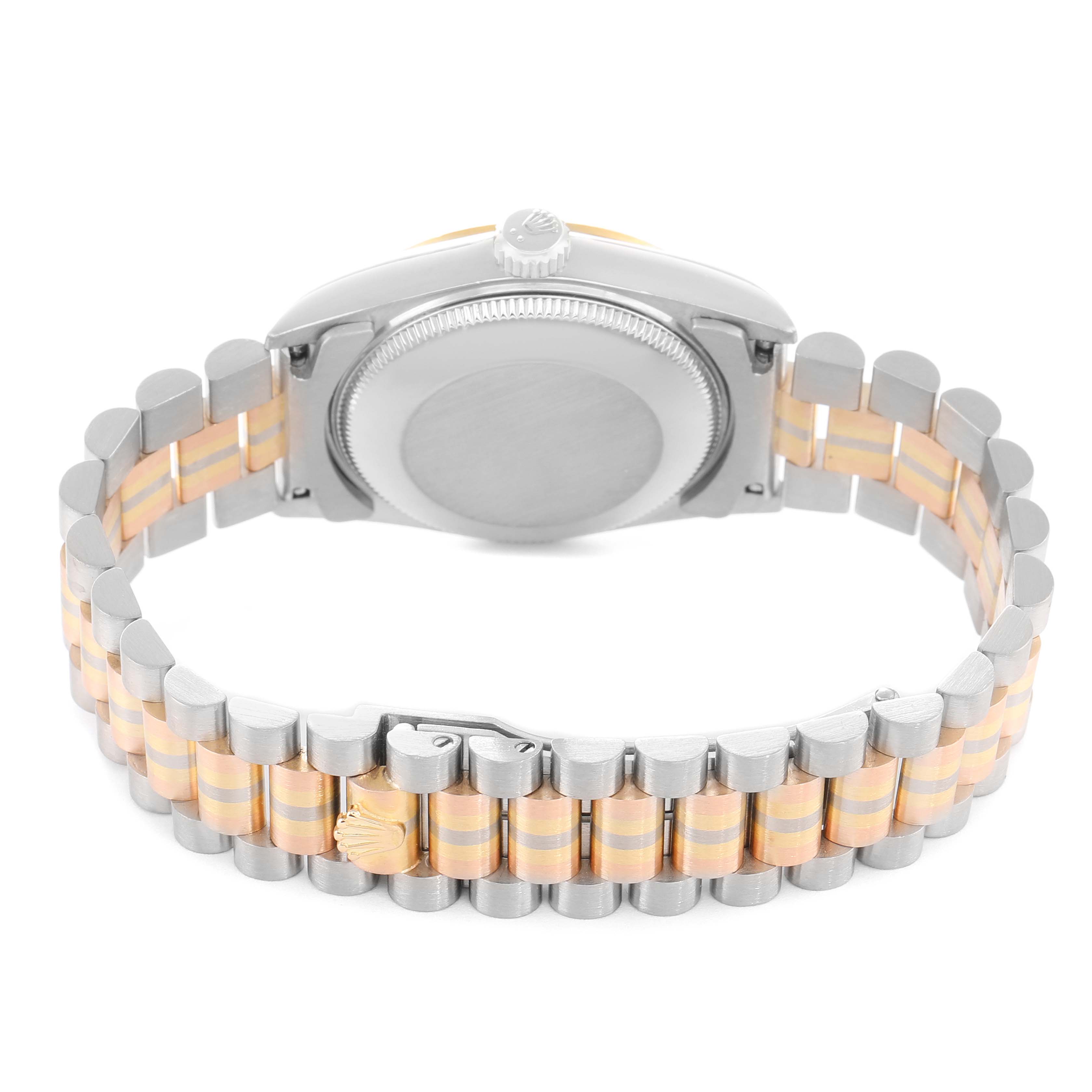 The image shows the back view of a Rolex President 68279 Women's White Gold Brown Dial model, highlighting its case back and bi-color bracelet.