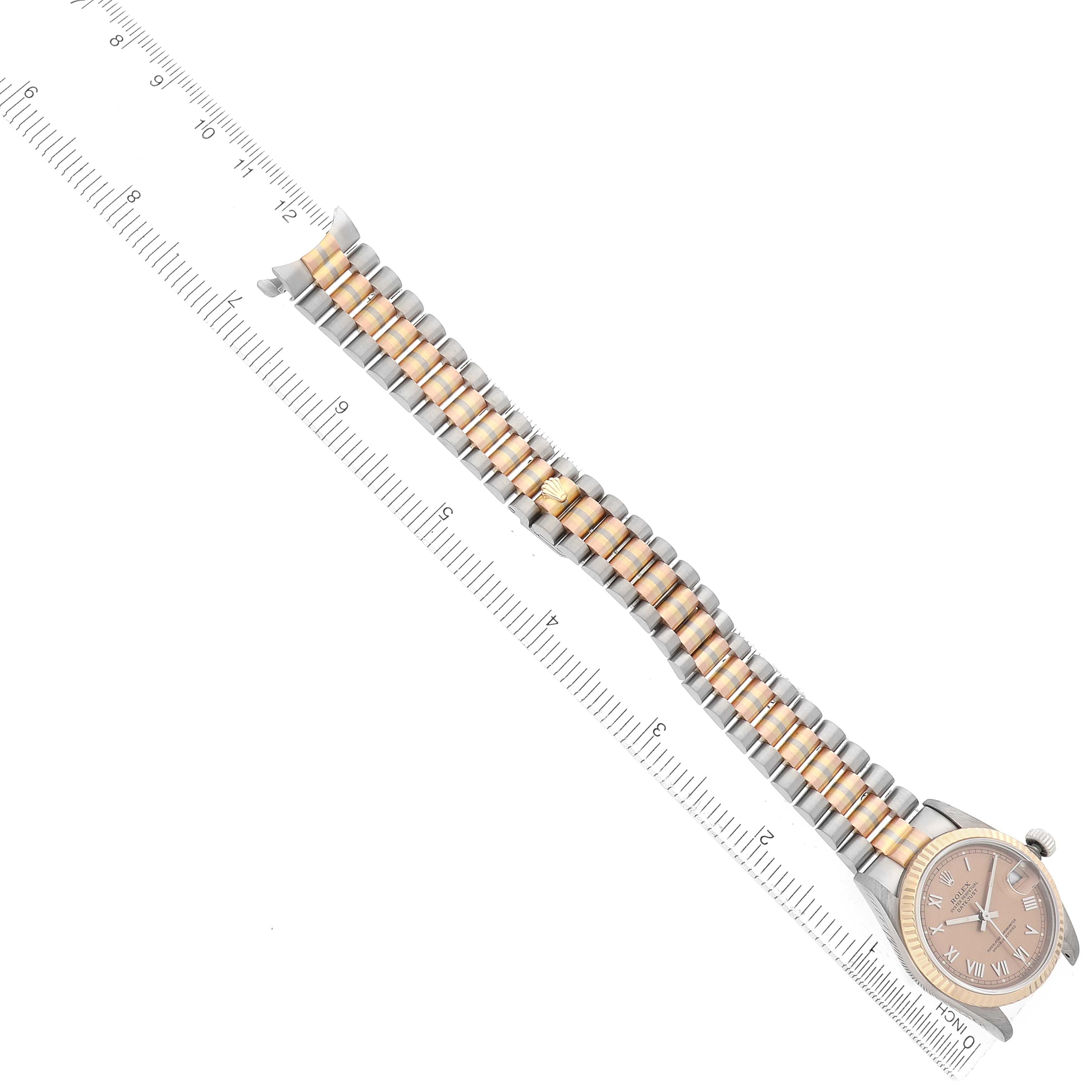 The Rolex President 68279 Women's White Gold Brown Dial watch is shown at an angled top-down view, displaying its two-tone bracelet and Roman numeral dial.