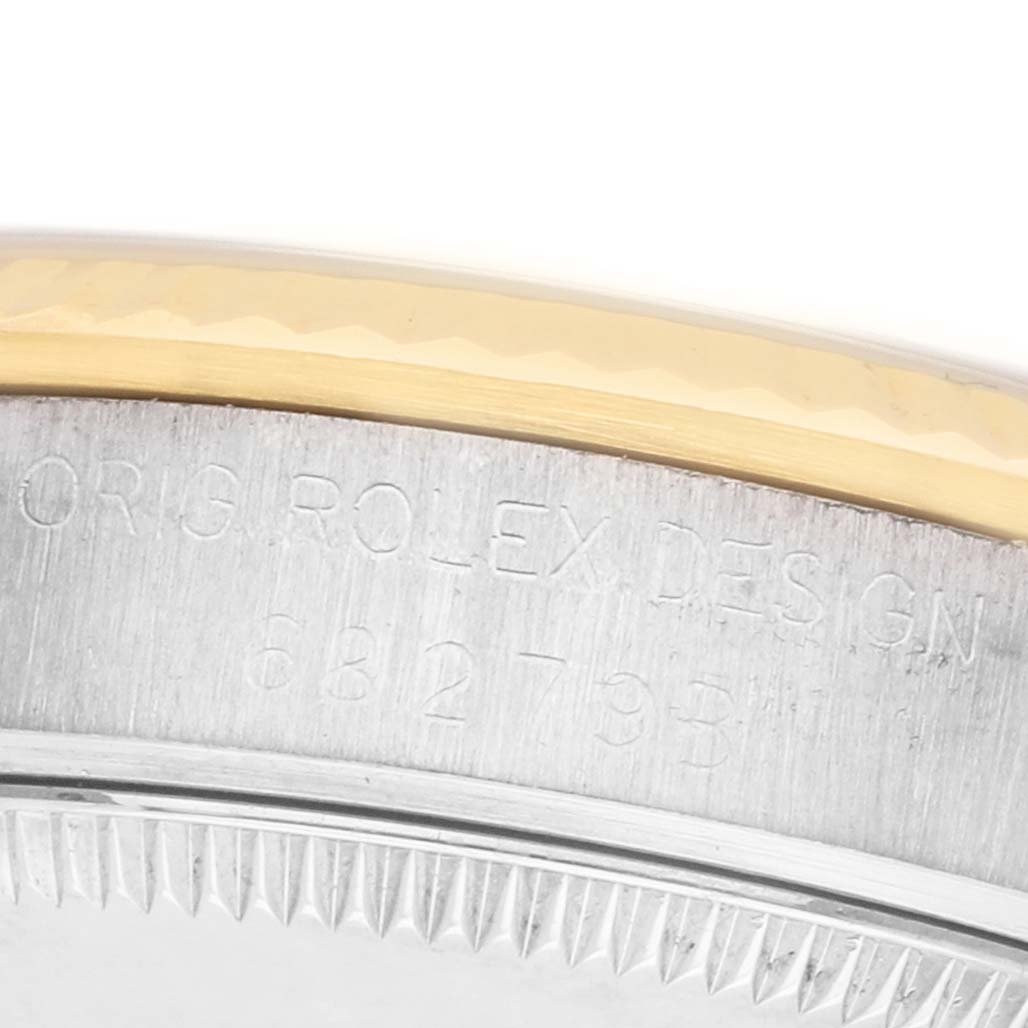 The image shows a close-up of the case edge and bezel of a Rolex President 68279 Women's White Gold Brown Dial watch, highlighting the model engraving.