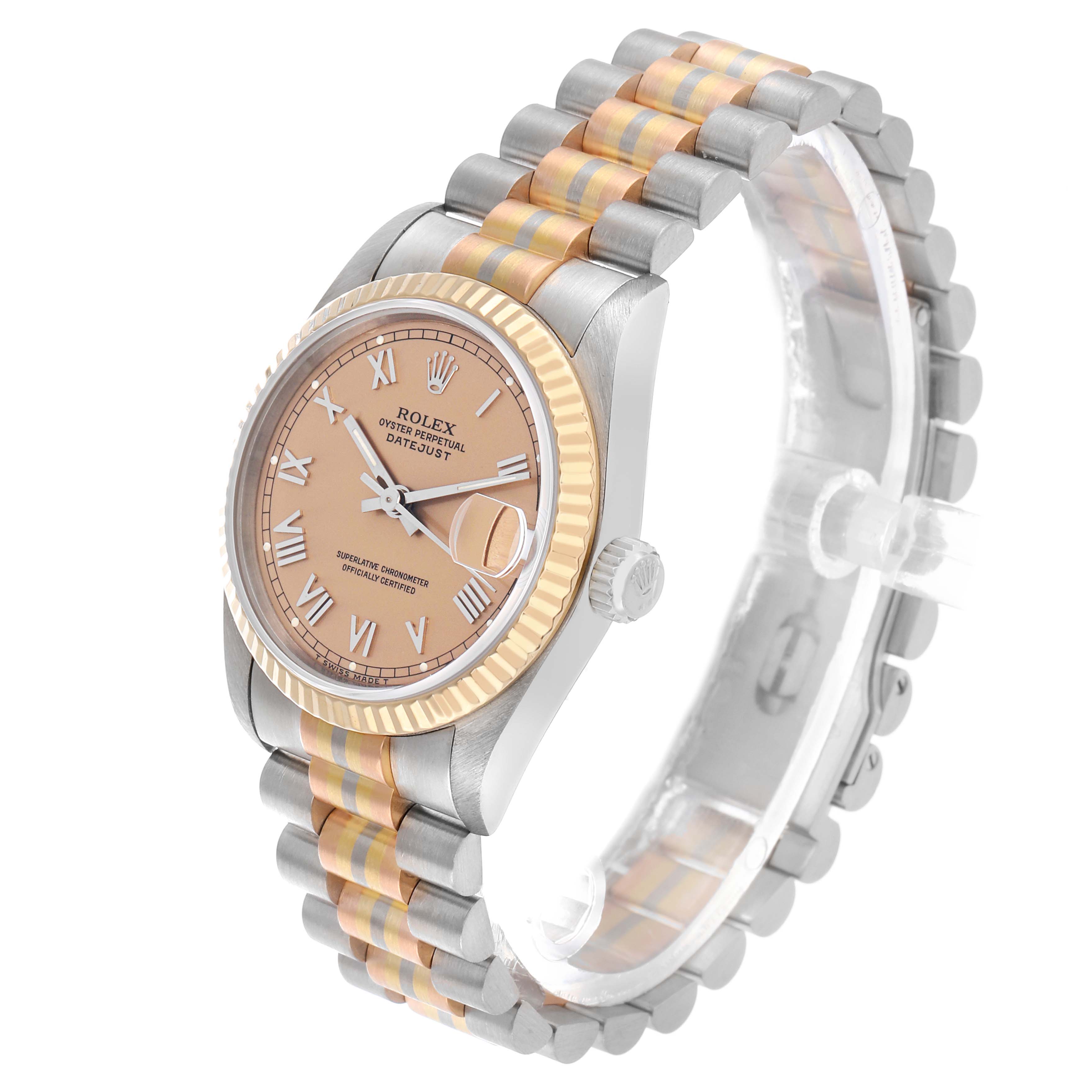 The Rolex President 68279 Women's White Gold Brown Dial model watch is shown at a three-quarter angle, highlighting the face, bezel, crown, and two-tone bracelet.
