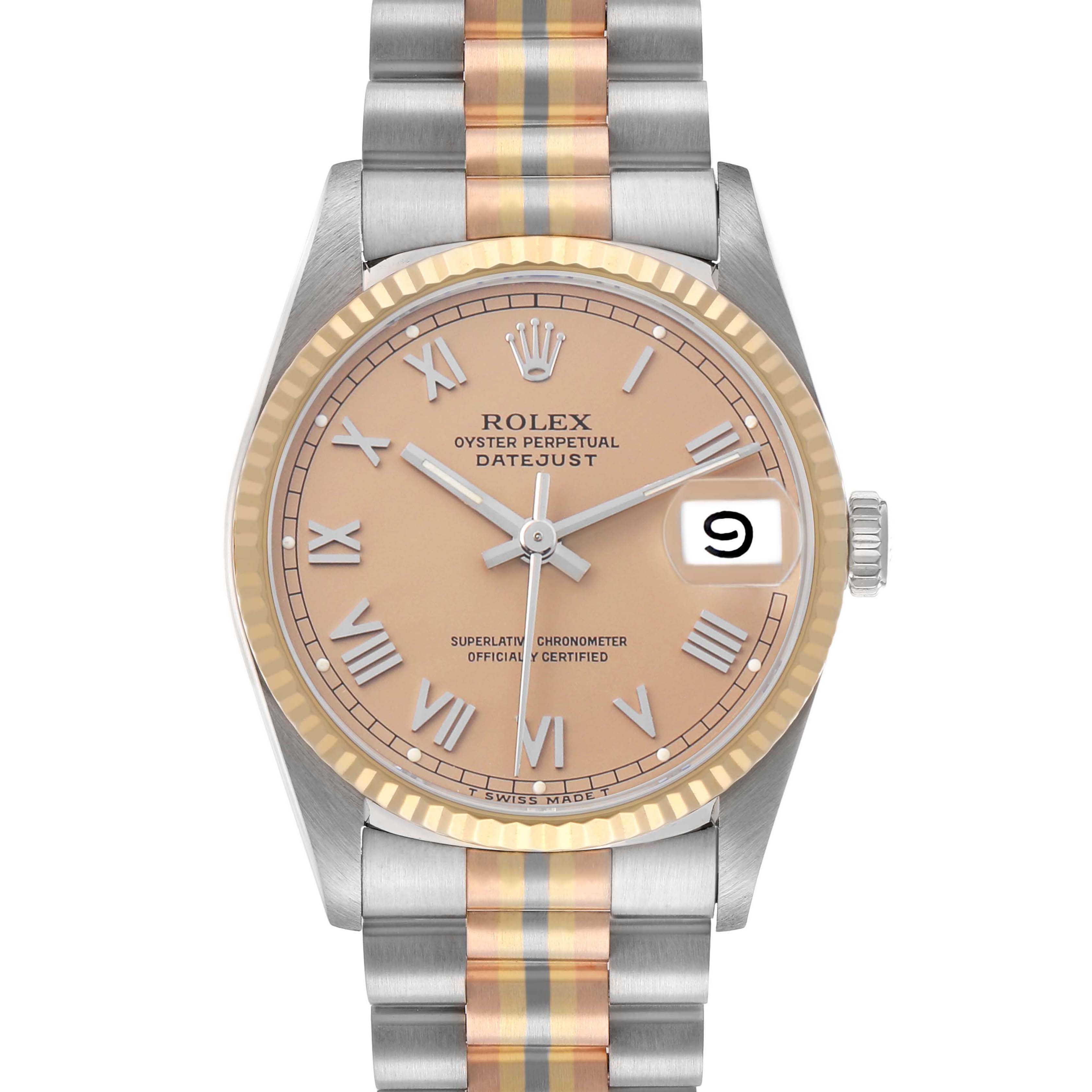 The Rolex President 68279 Women's White Gold Brown Dial model is shown from a front angle, highlighting the dial, two-tone Jubilee bracelet, and fluted bezel.
