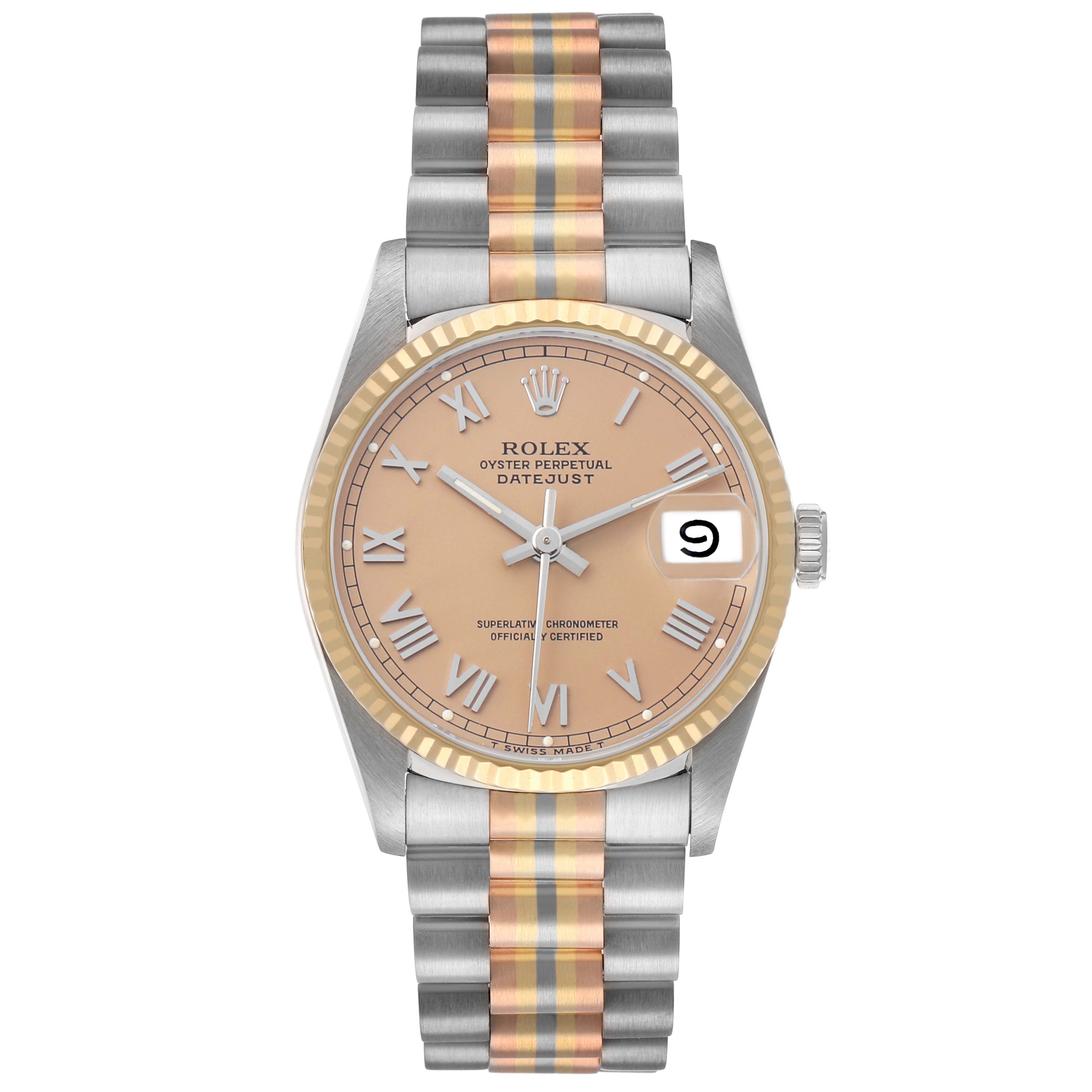 The image shows a Rolex President 68279 Women's White Gold Brown Dial model watch from a top-down angle, highlighting the dial, bracelet, and fluted bezel.