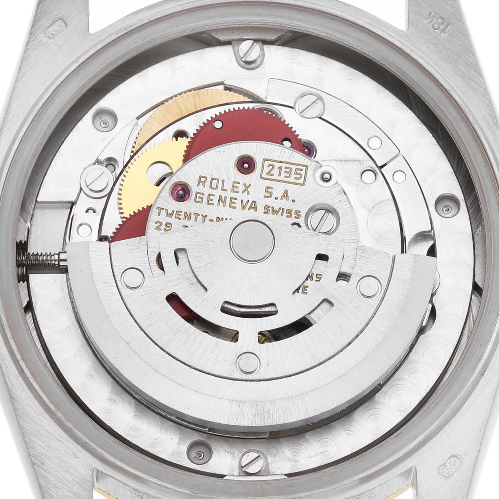 The image shows the internal mechanism of a Rolex President 68279 Women's White Gold Brown Dial model, highlighting the movement and gears from a top-down angle.