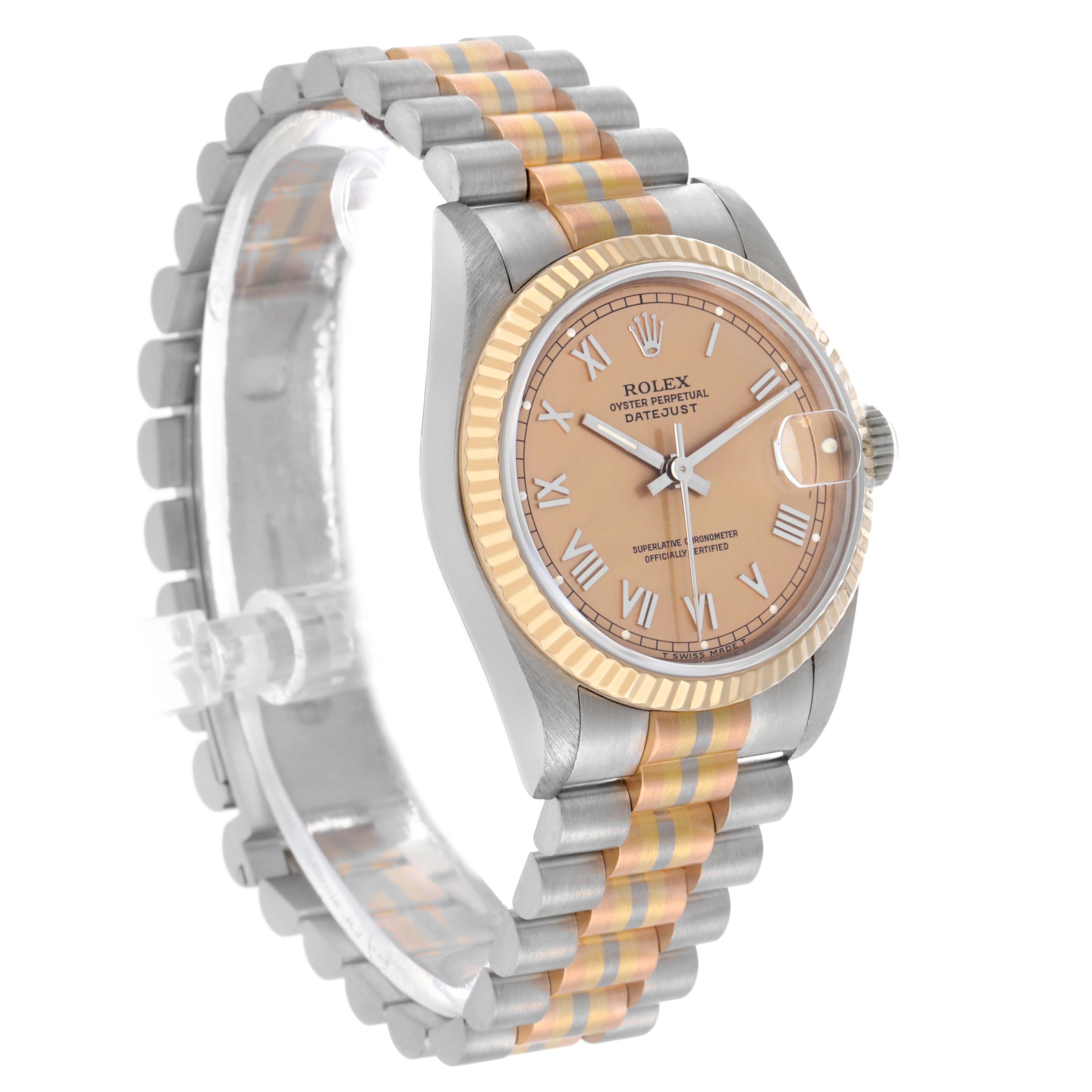 The Rolex President 68279 Women's White Gold Brown Dial model watch is shown at a slight angle, highlighting its face, bezel, and two-tone bracelet.