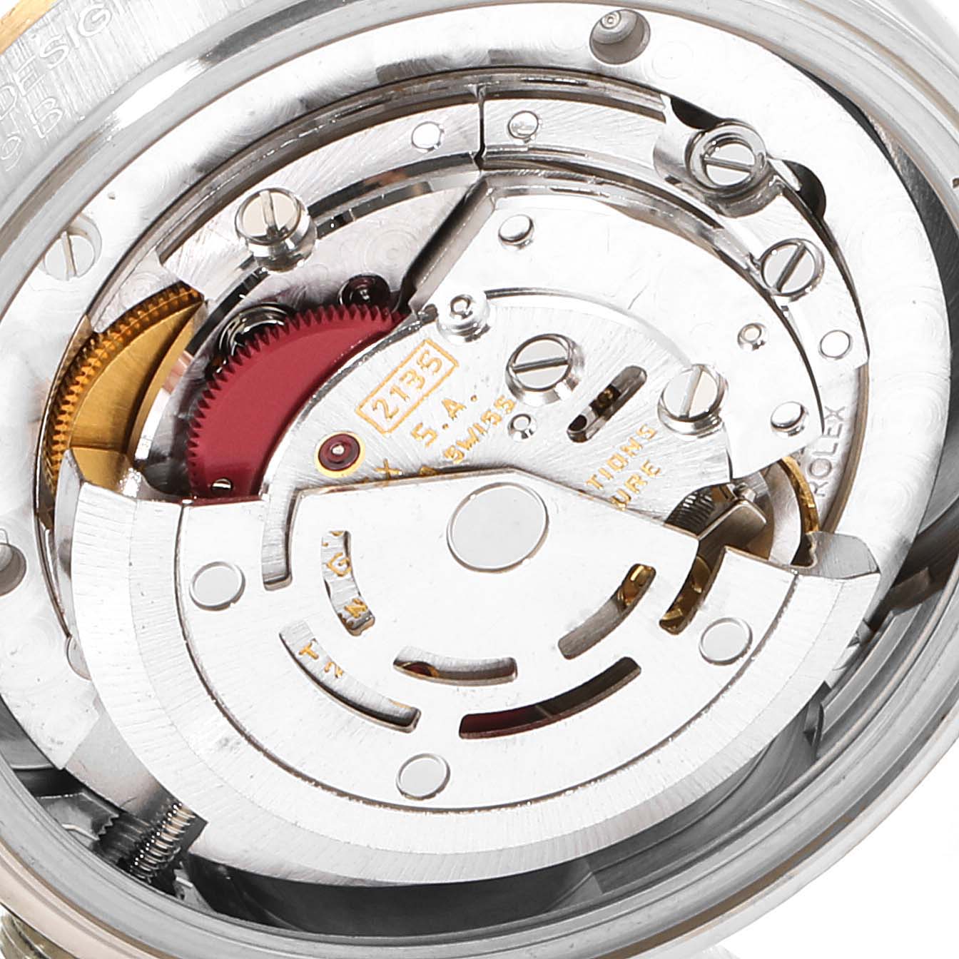 This image shows the internal mechanism of a Rolex President 68279 Women's Yellow Gold Brown Dial 68279 Women's Yellow Gold Brown Dial model watch from a close-up angle.