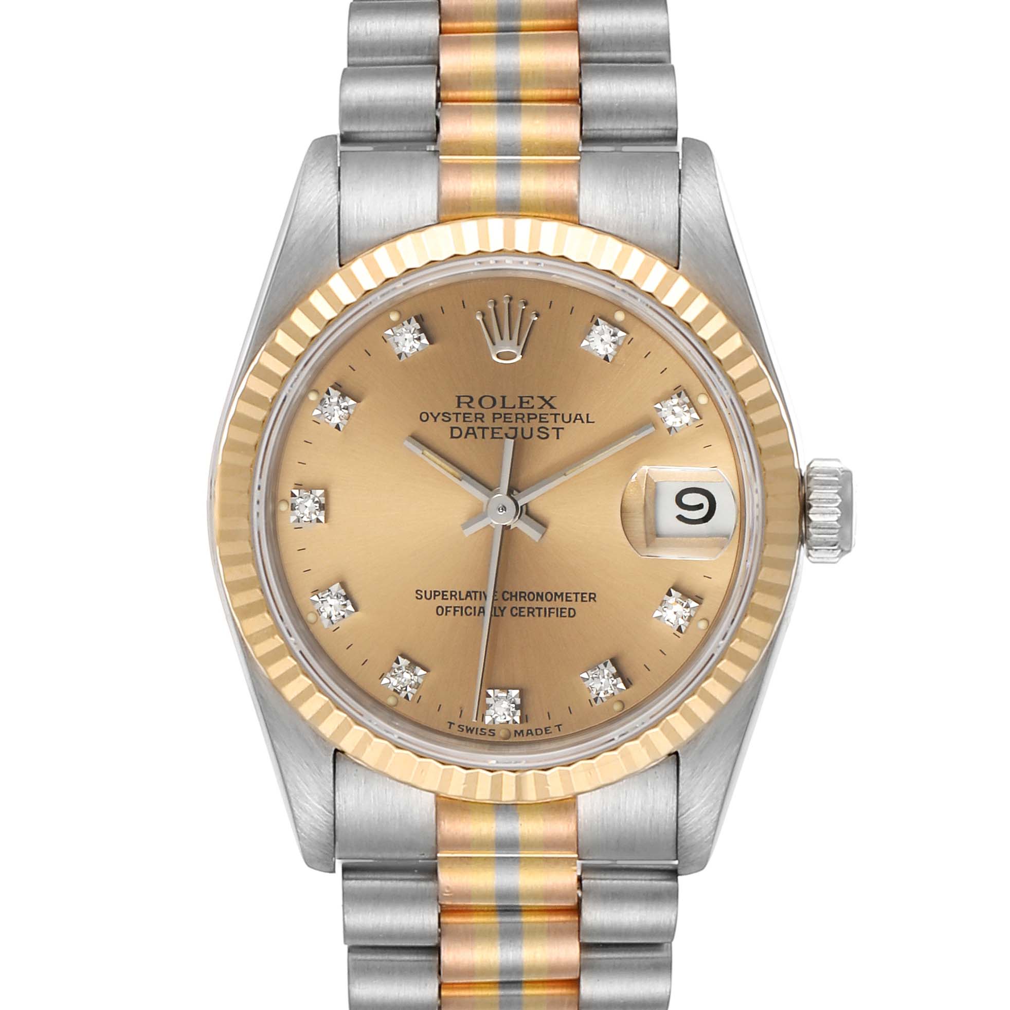 The Rolex President 68279 Women's Yellow Gold Brown Dial 68279 Women's Yellow Gold Brown Dial model watch is shown from the front, highlighting its gold dial, diamond hour markers, fluted bezel, and two-tone bracelet.