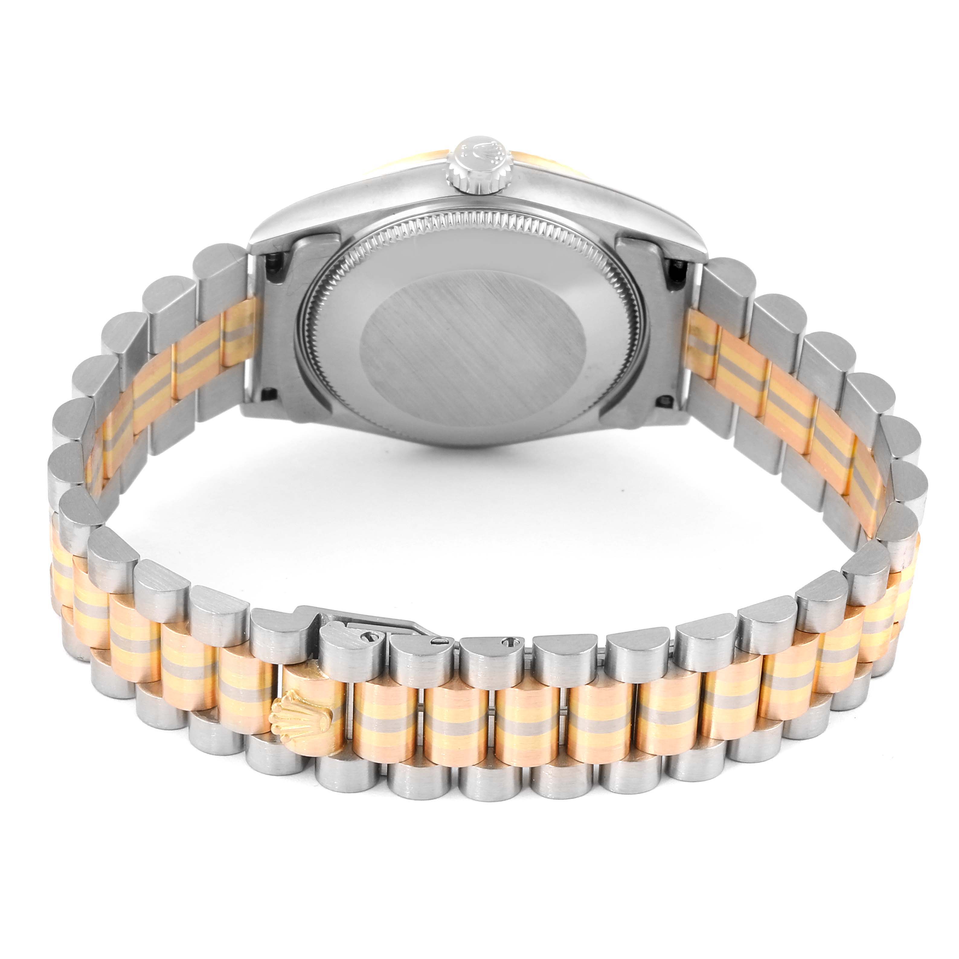 The image shows the backside of the Rolex President 68279 Women's Yellow Gold Brown Dial 68279 Women's Yellow Gold Brown Dial model watch, focusing on the case back, bracelet, and crown.