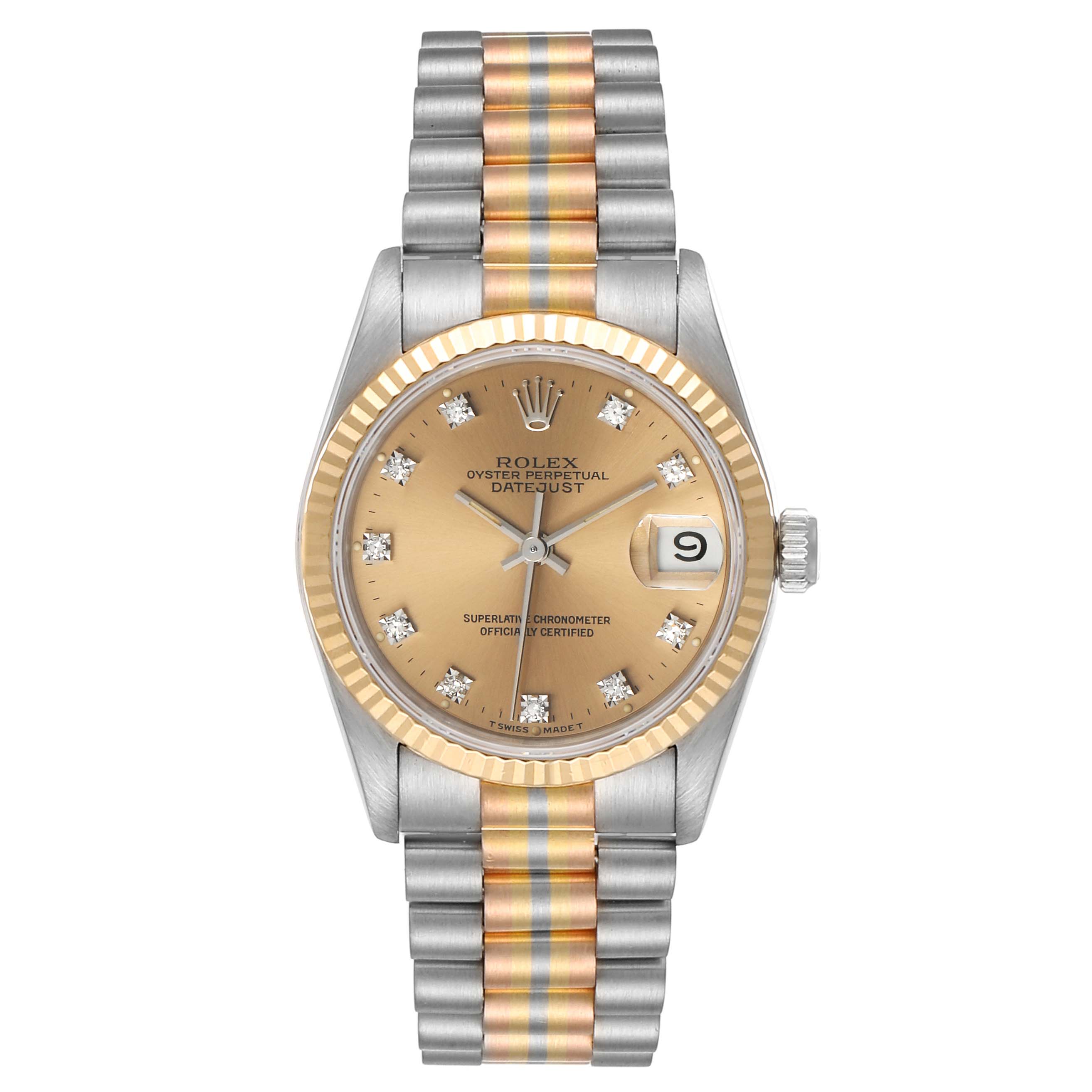 This image shows a Rolex President 68279 Women's Yellow Gold Brown Dial 68279 Women's Yellow Gold Brown Dial model watch from a front angle, highlighting the face, fluted bezel, and two-tone bracelet.