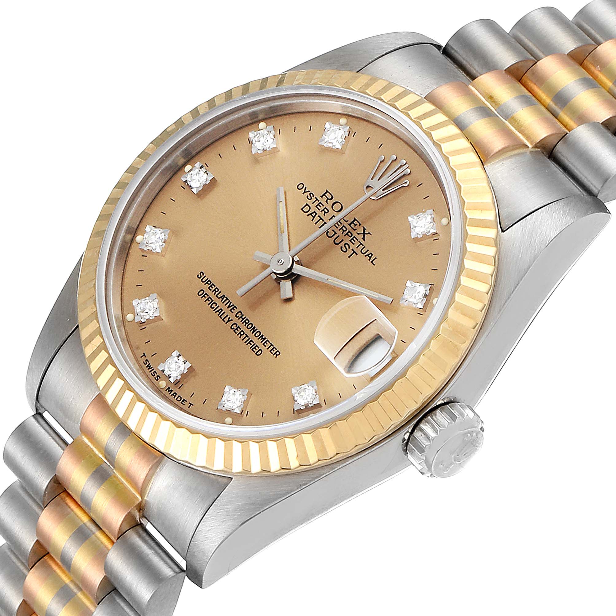 The image shows a Rolex President 68279 Women's Yellow Gold Brown Dial 68279 Women's Yellow Gold Brown Dial model watch taken at a slight top-angle, highlighting the dial, bezel, and part of the bracelet.