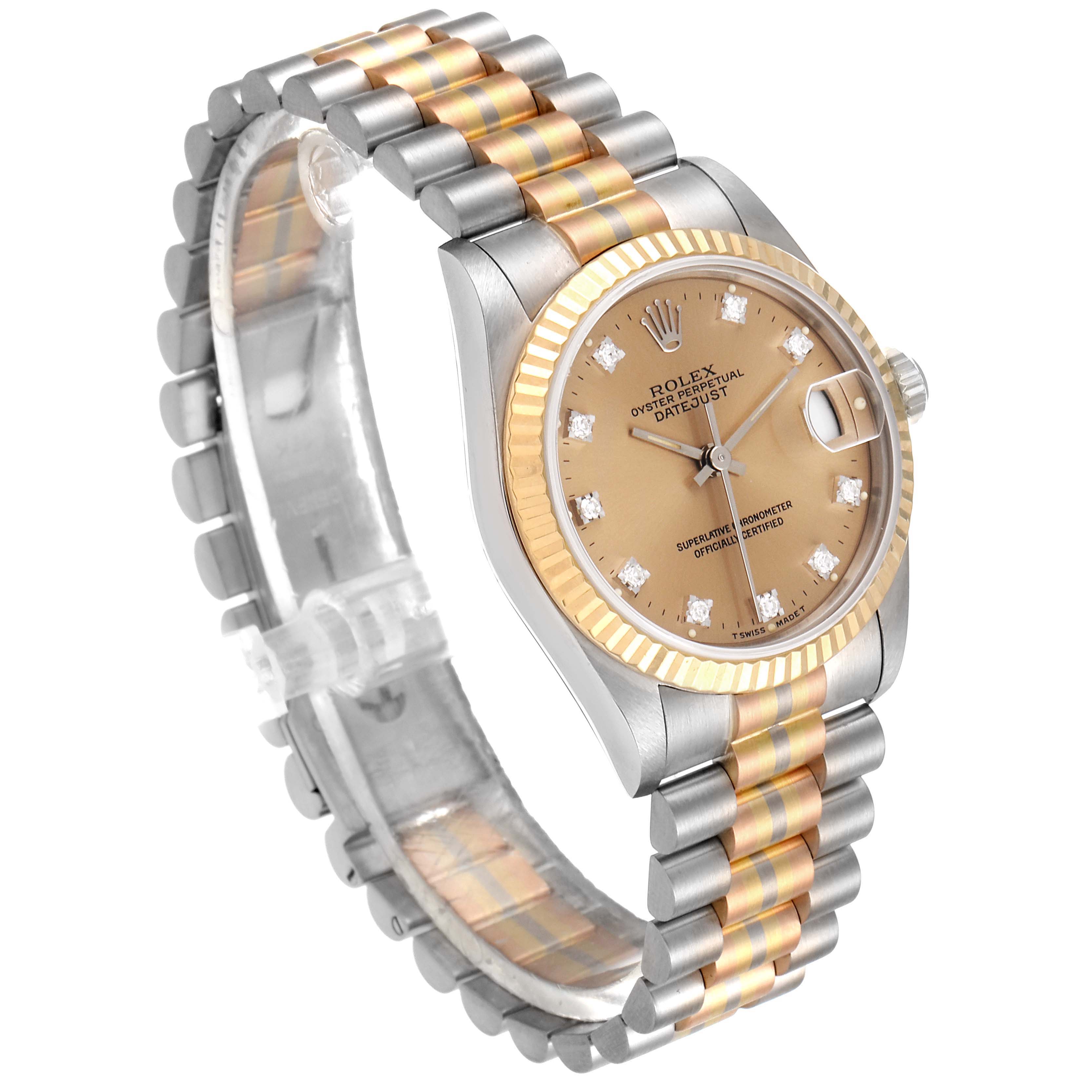 The image shows a side angle view of a Rolex President 68279 Women's Yellow Gold Brown Dial 68279 Women's Yellow Gold Brown Dial model watch, highlighting its two-tone bracelet and dial with diamond hour markers.