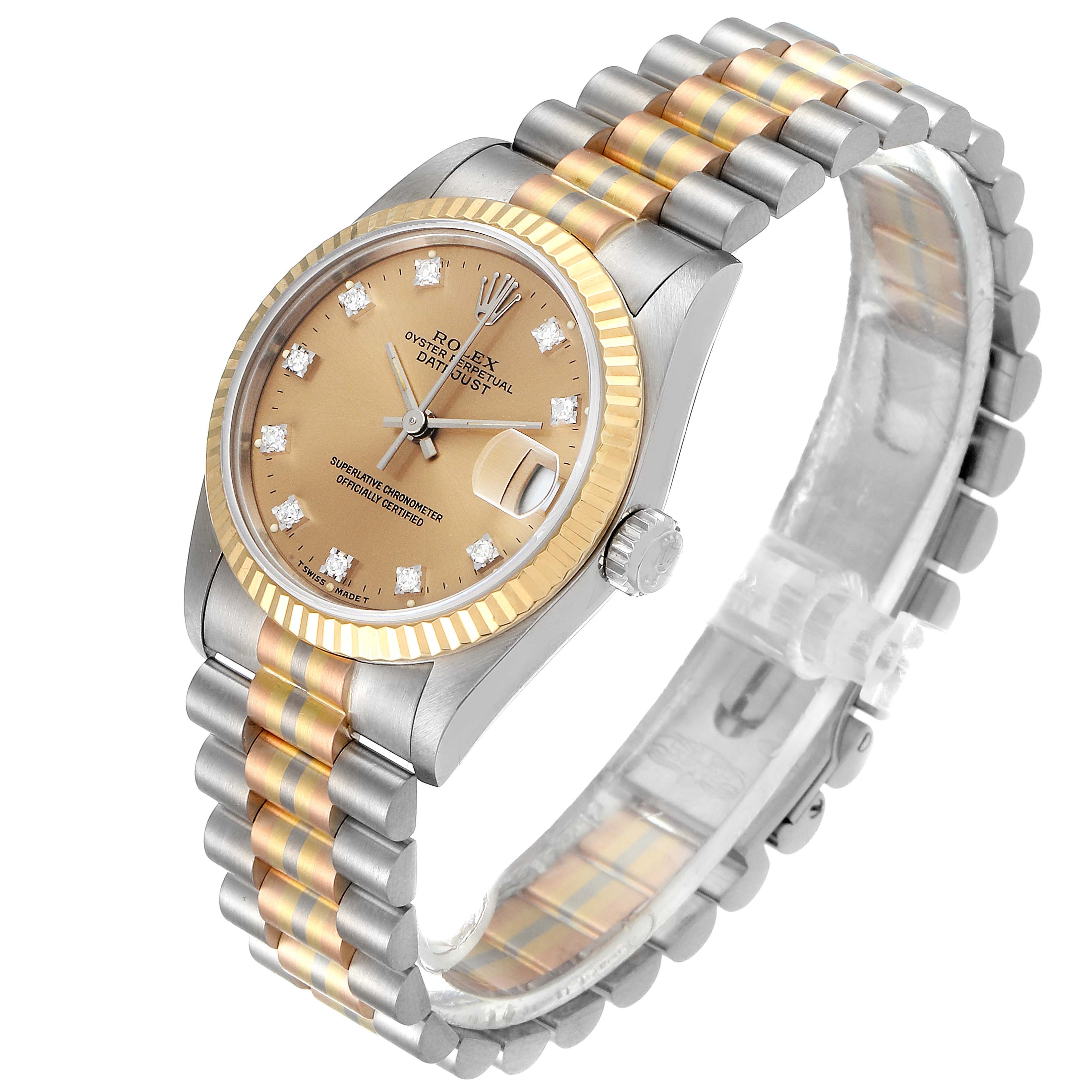 The Rolex President 68279 Women's Yellow Gold Brown Dial 68279 Women's Yellow Gold Brown Dial model watch is shown at an angled view, highlighting the two-tone bracelet, dial, bezel, and crown.