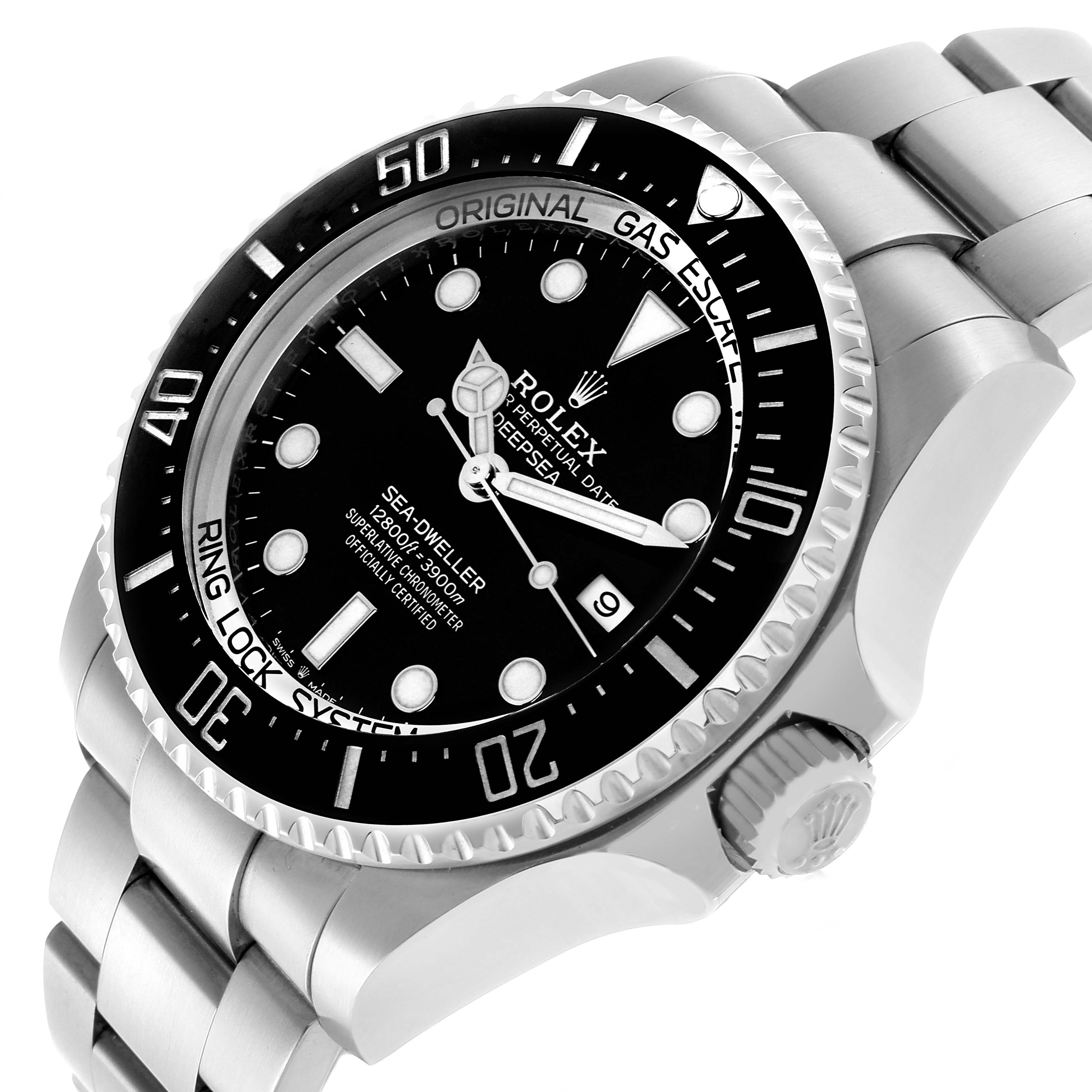 The image shows a Rolex Sea-Dweller 126660 Men's Stainless Steel Black Dial watch from an angled view highlighting the dial, bezel, crown, and part of the bracelet.