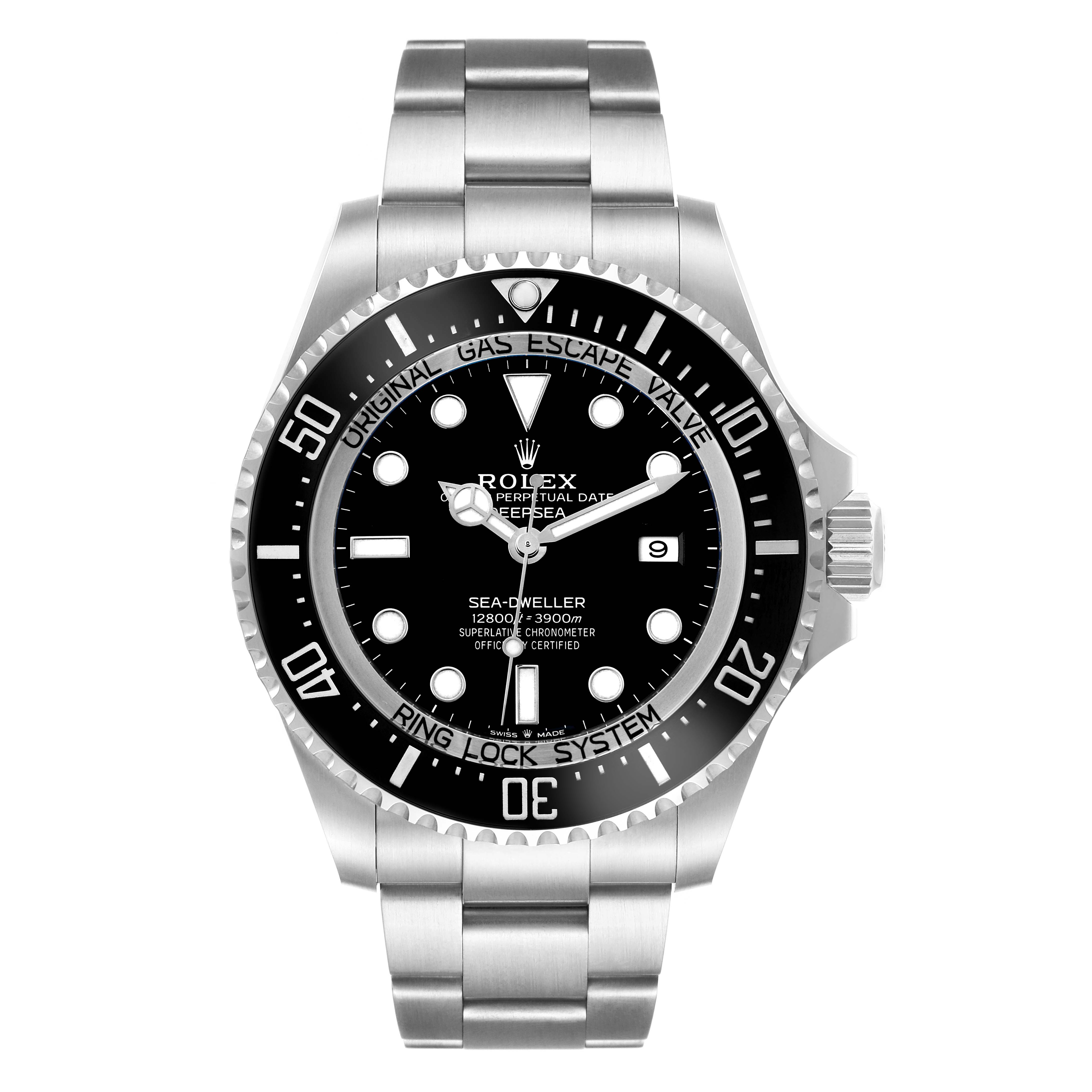 The Rolex Sea-Dweller 126660 Men's Stainless Steel Black Dial watch is shown from the front, highlighting the dial, bezel, and stainless steel bracelet.