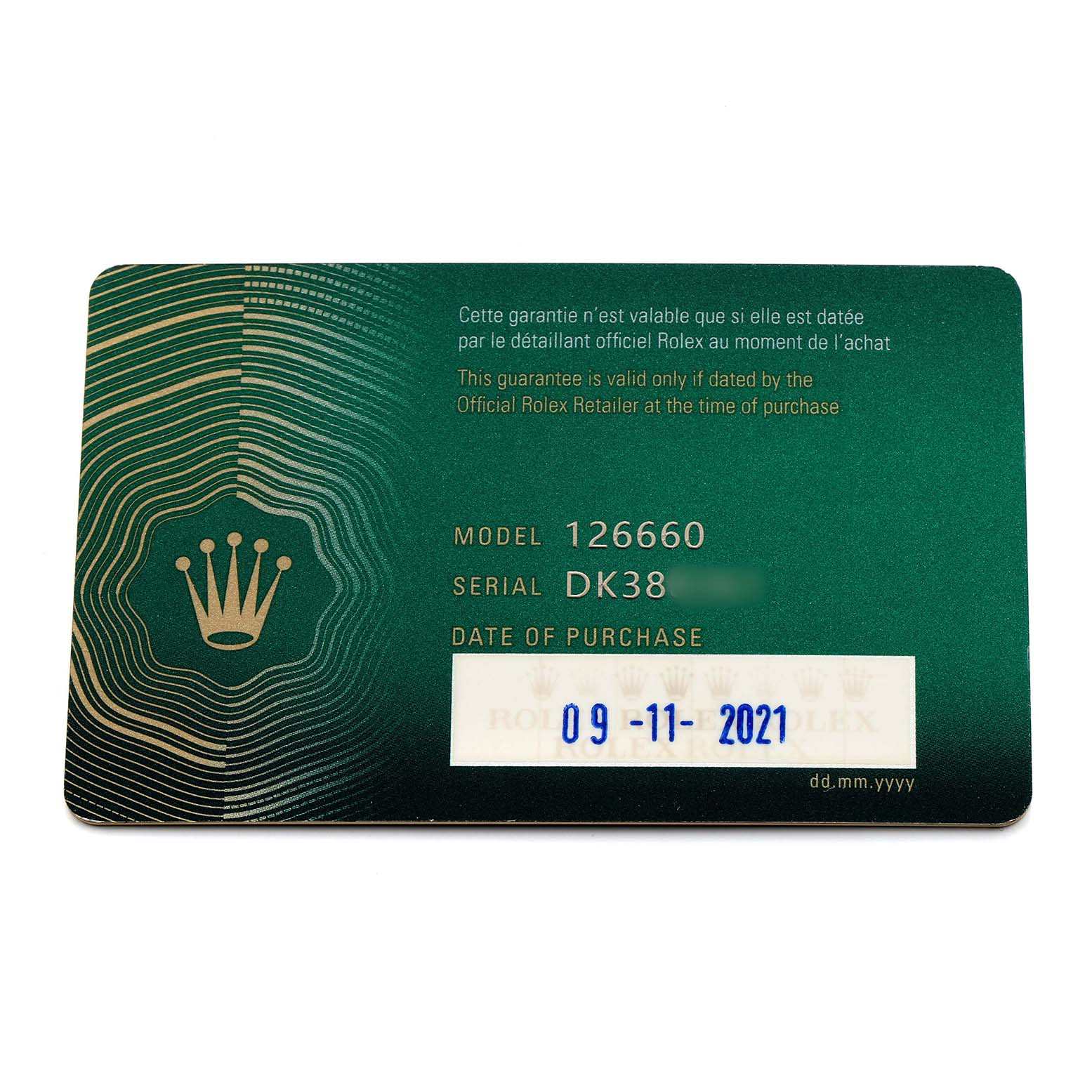 The image shows the warranty card for a Rolex Sea-Dweller 126660 Men's Stainless Steel Black Dial, displaying model and purchase details.