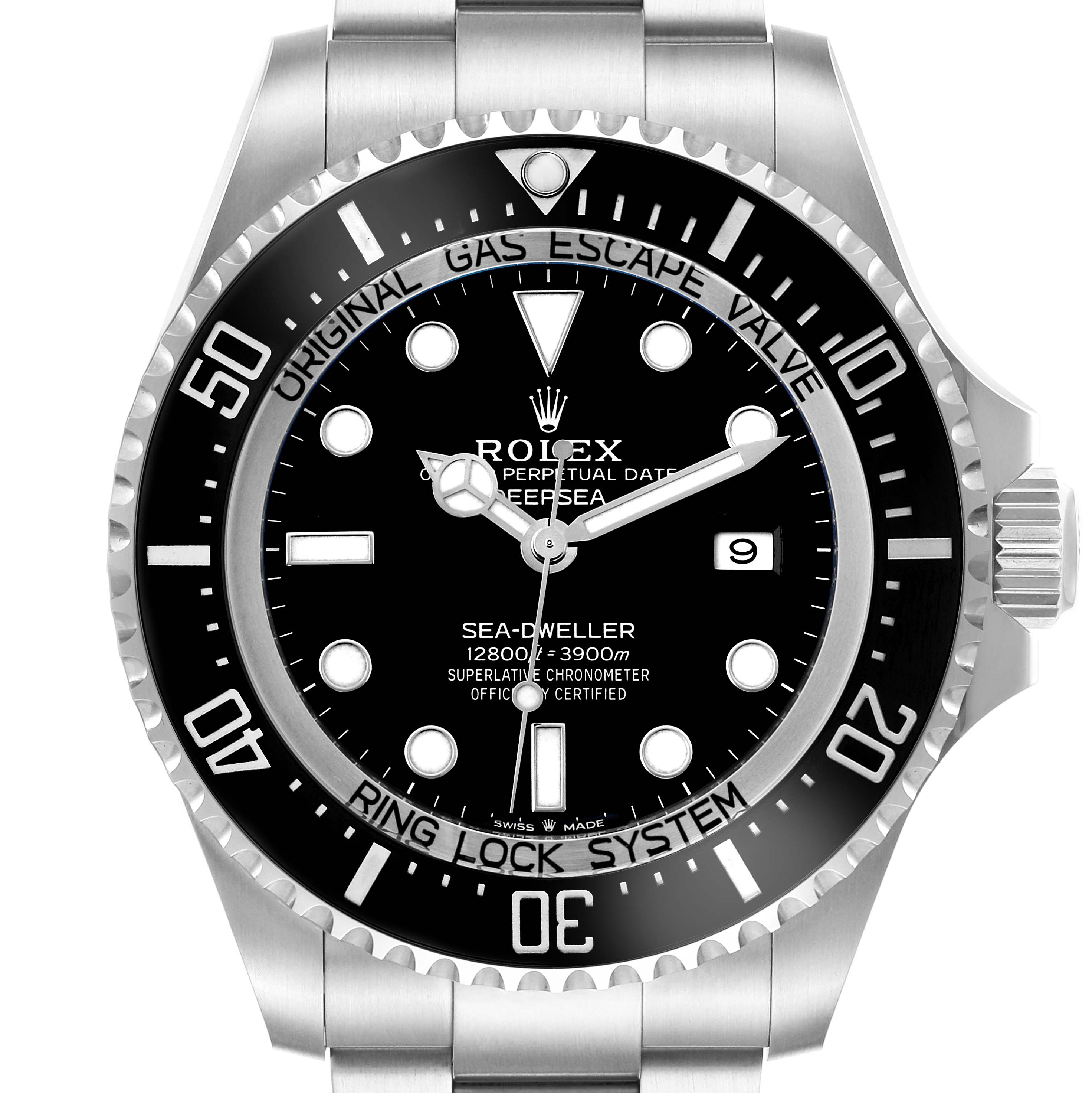 The image shows a front view of a Rolex Sea-Dweller 126660 Men's Stainless Steel Black Dial watch, highlighting the dial, bezel, and bracelet.