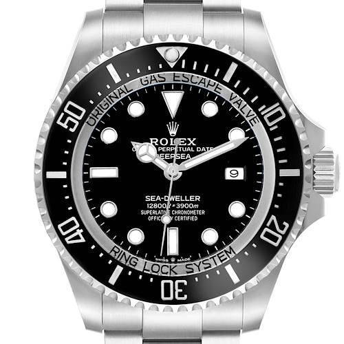 The image shows a front view of a Rolex Sea-Dweller 126660 Men's Stainless Steel Black Dial watch, highlighting its dial, bezel, and crown.