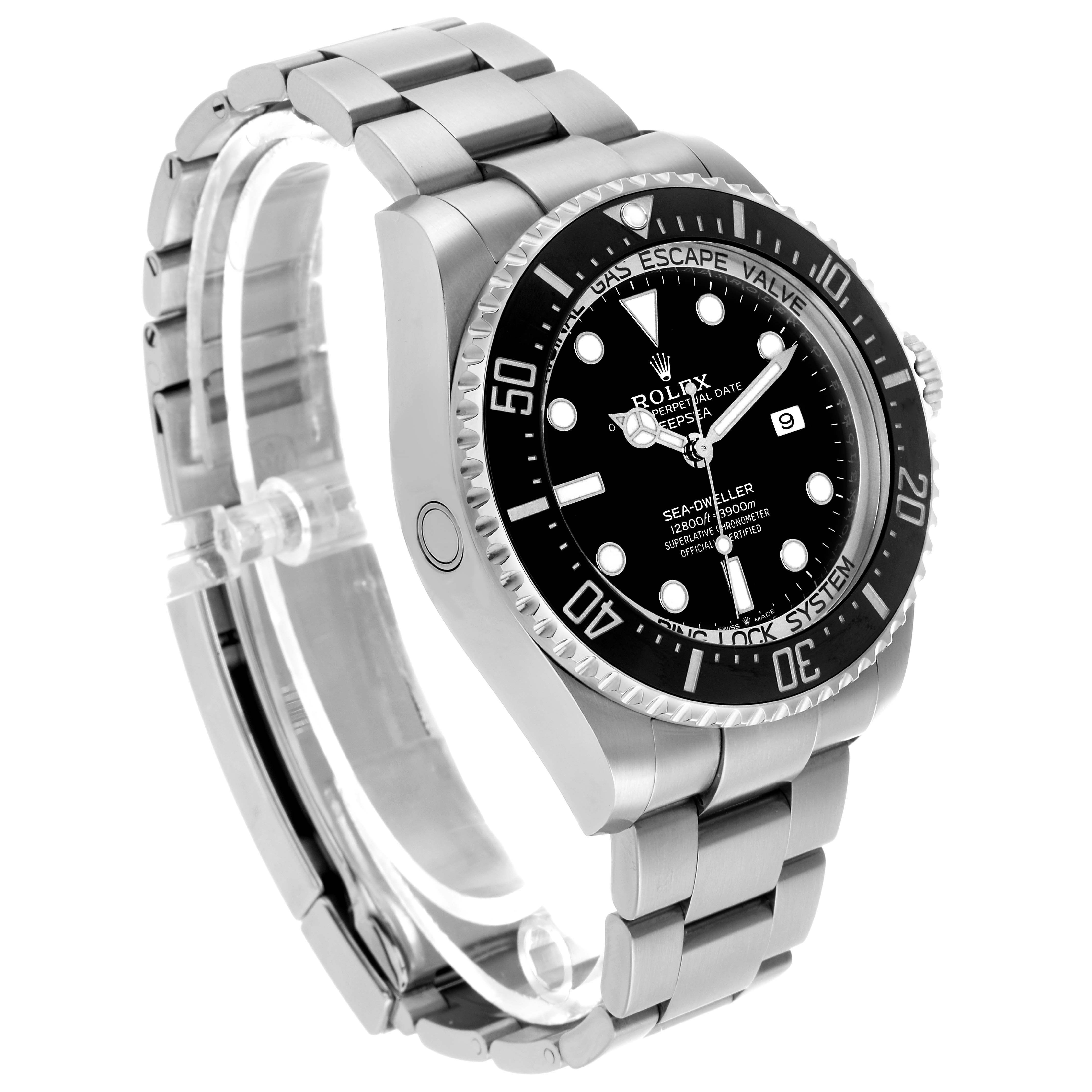 The Rolex Sea-Dweller 126660 Men's Stainless Steel Black Dial watch is shown at a slight angle highlighting the bezel, dial, bracelet, and side profile.
