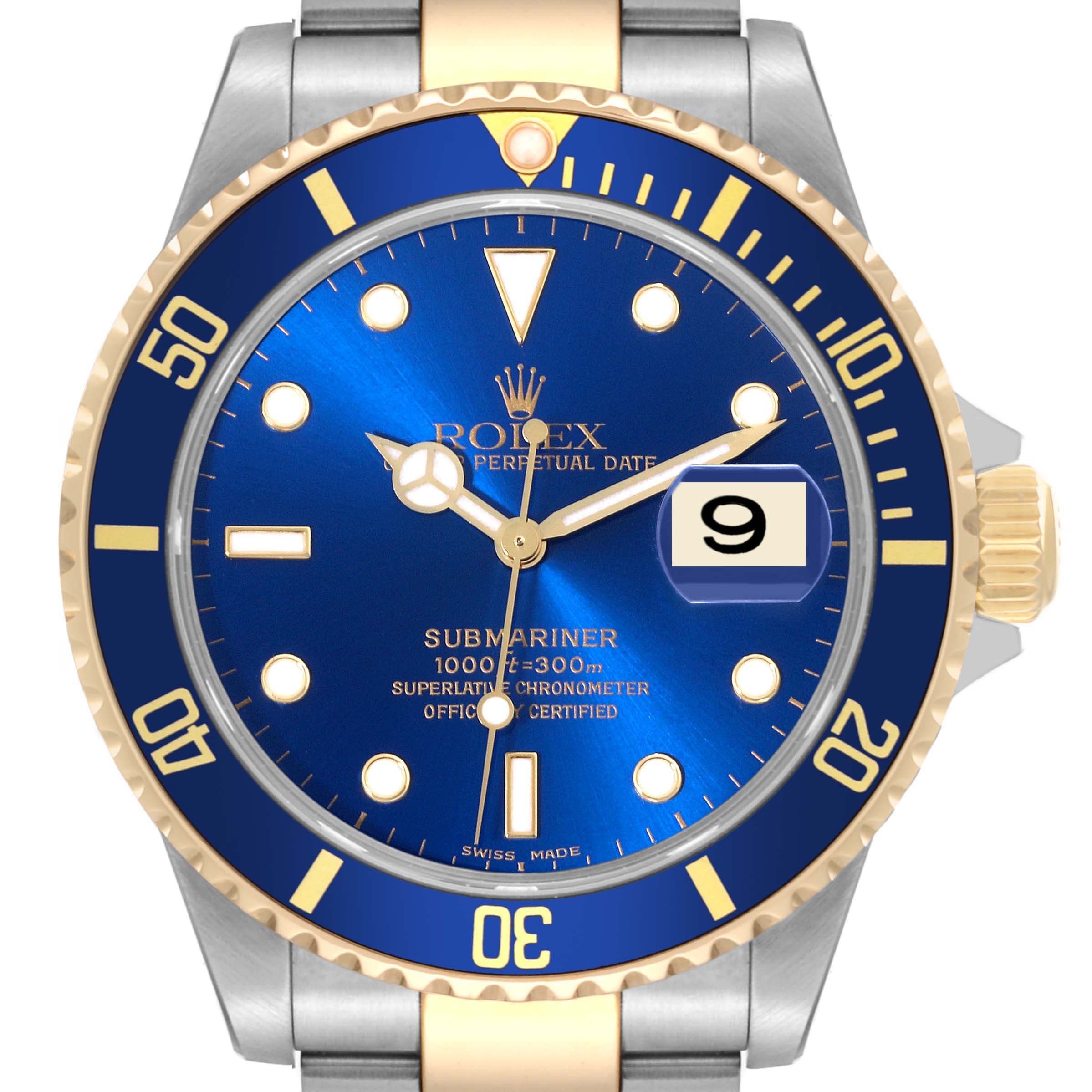 The image shows a front view of the Rolex Submariner 16613 Men
s Steel and Gold (two tone) Blue Dial 16613 Men
s Steel and Gold (two tone) Blue Dial watch, highlighting its blue dial, date window, and two-tone bezel and bracelet.