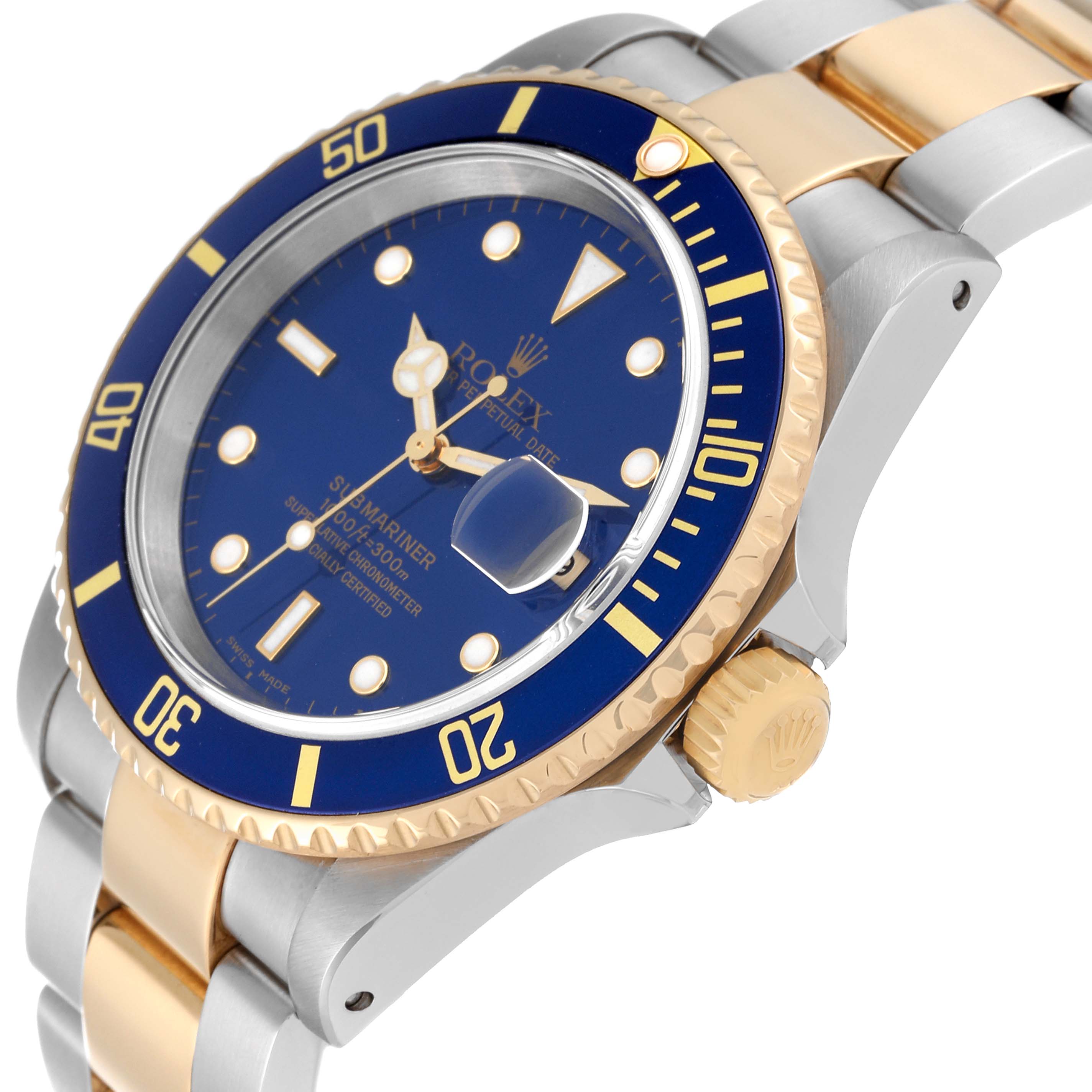 The image shows a side angle of a Rolex Submariner 16613 Men
s Steel and Gold (two tone) Blue Dial 16613 Men
s Steel and Gold (two tone) Blue Dial watch, highlighting the blue bezel, crown, bracelet, and face.