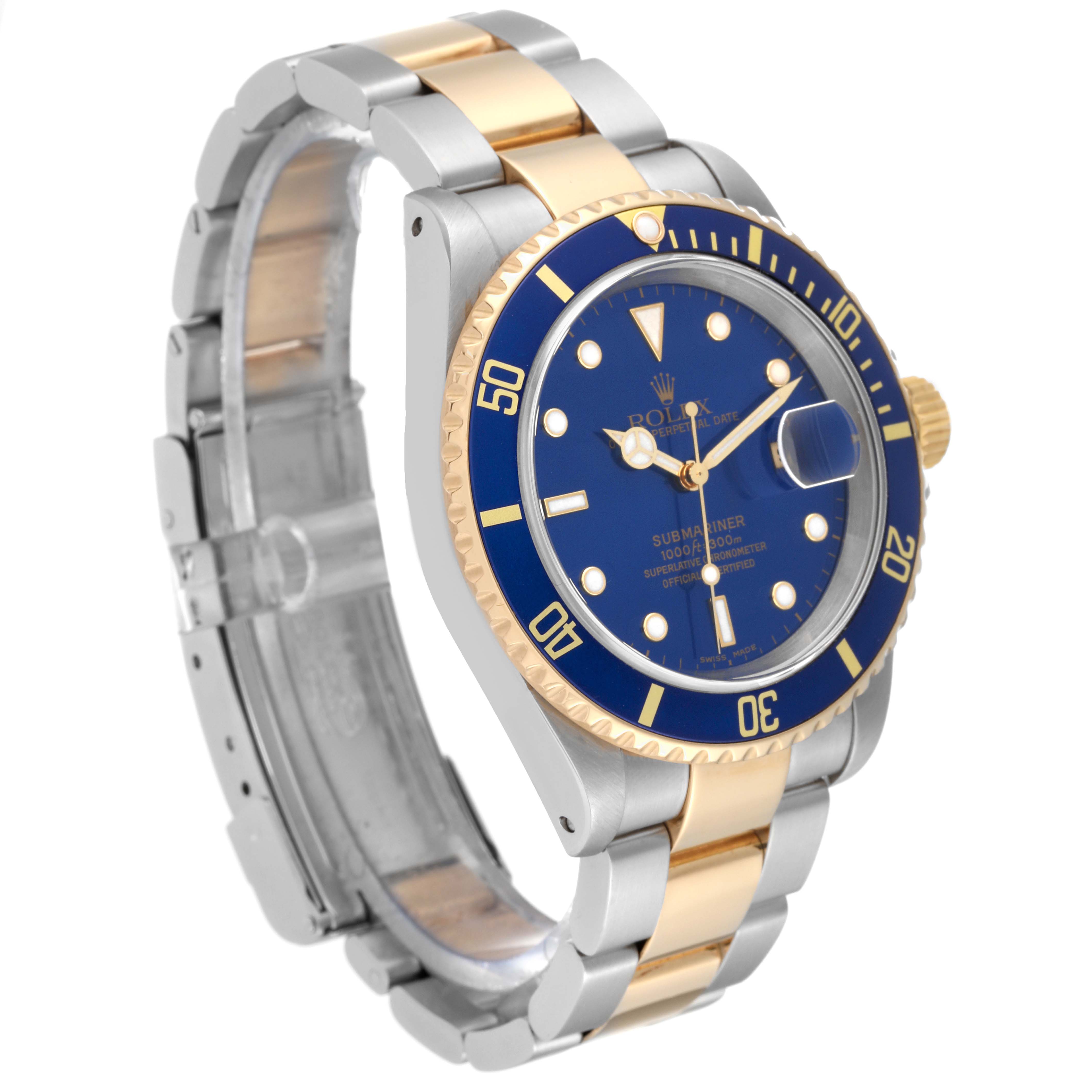 The image depicts a Rolex Submariner 16613 Men
s Steel and Gold (two tone) Blue Dial 16613 Men
s Steel and Gold (two tone) Blue Dial watch angled to show its gold and silver bracelet, blue face, bezel, and crown.