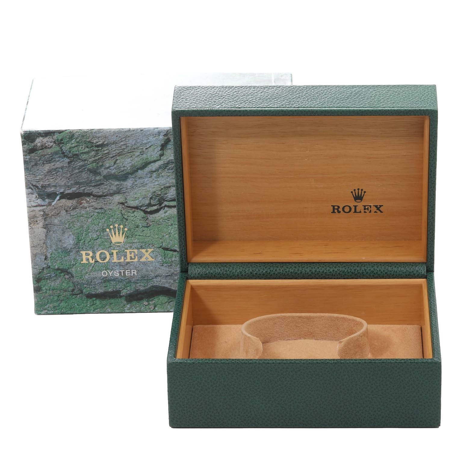 The image shows an open Rolex Submariner 16613 Men
s Steel and Gold (two tone) Blue Dial 16613 Men
s Steel and Gold (two tone) Blue Dial watch box with a green exterior, wooden interior, and beige cushion inside.