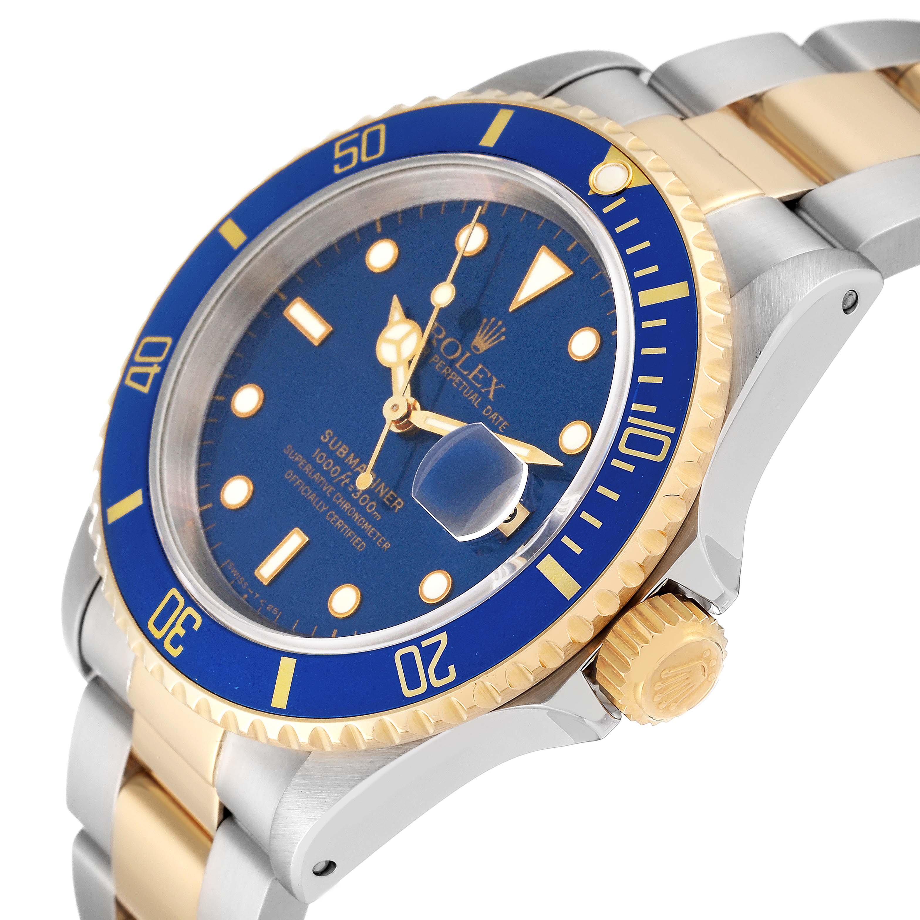 The image shows a close-up of a Rolex Submariner 16613 Men
s Steel and Gold (two tone) Blue Dial 16613 Men
s Steel and Gold (two tone) Blue Dial watch, focusing on the blue dial, bezel, and part of the bracelet from a side angle.