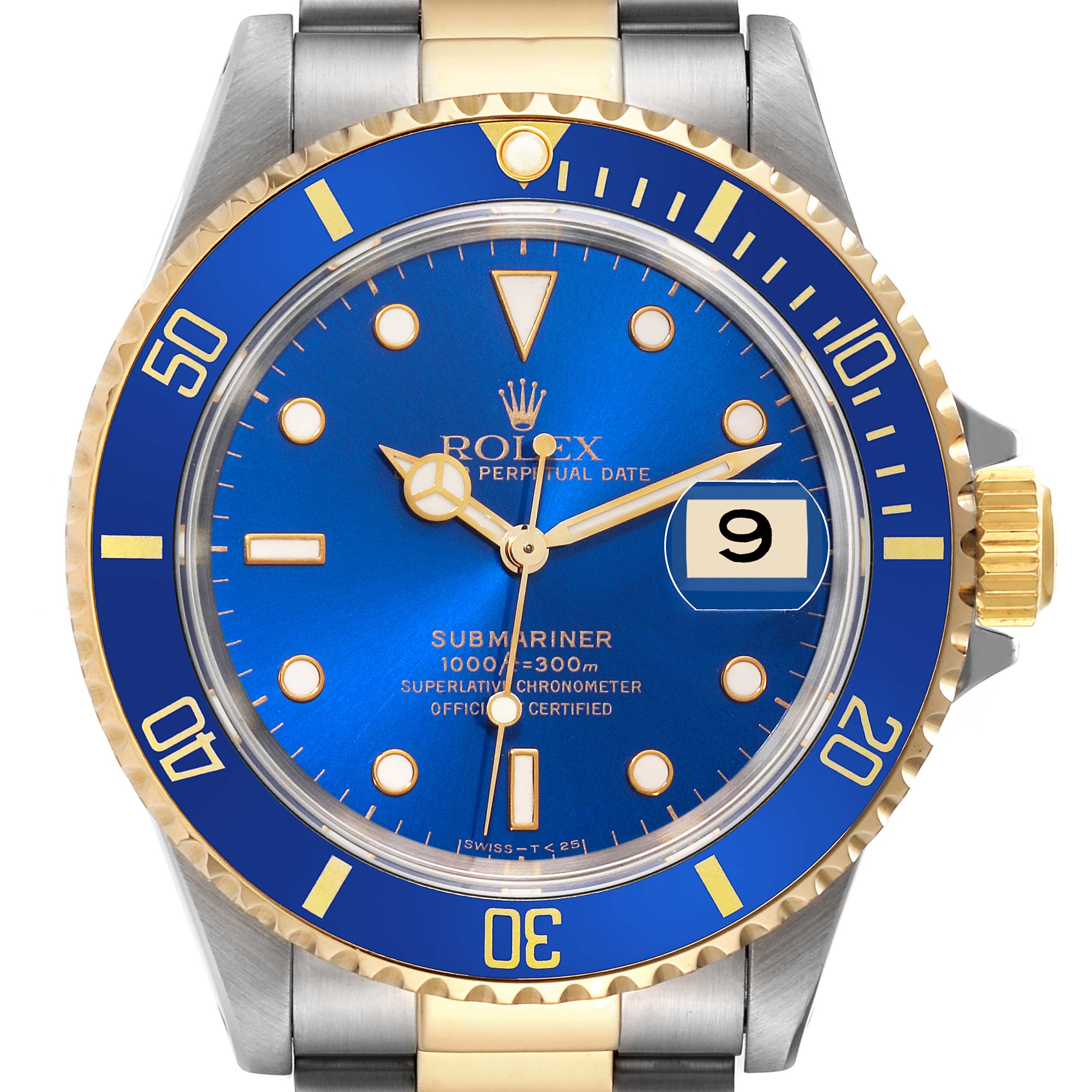 The image shows a frontal view of the Rolex Submariner 16613 Men
s Steel and Gold (two tone) Blue Dial 16613 Men
s Steel and Gold (two tone) Blue Dial watch, highlighting its blue dial, bezel, and bi-metal bracelet with a date window.
