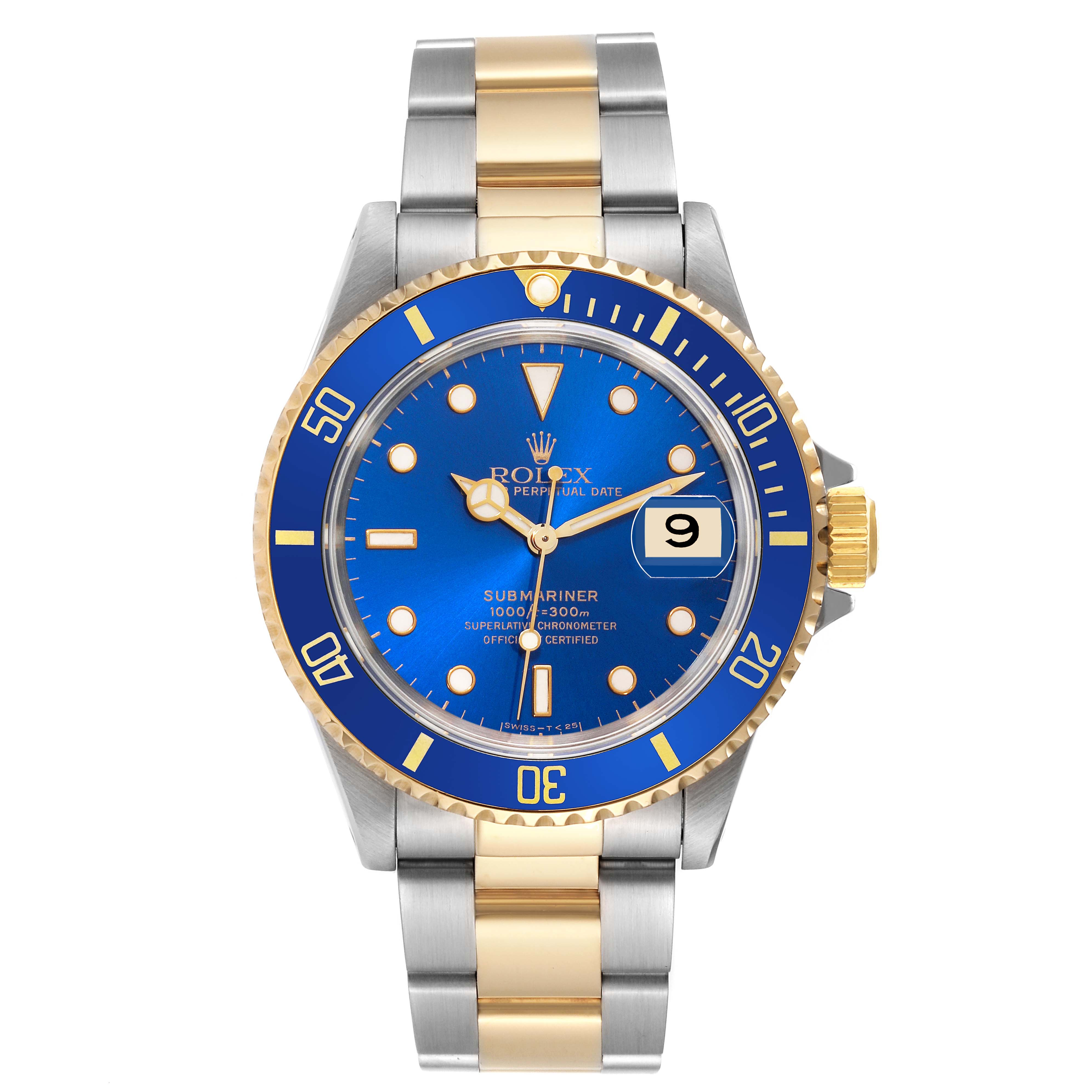 The image shows a front view of the Rolex Submariner 16613 Men
s Steel and Gold (two tone) Blue Dial 16613 Men
s Steel and Gold (two tone) Blue Dial watch, highlighting its blue dial, gold and silver bracelet, and date feature.