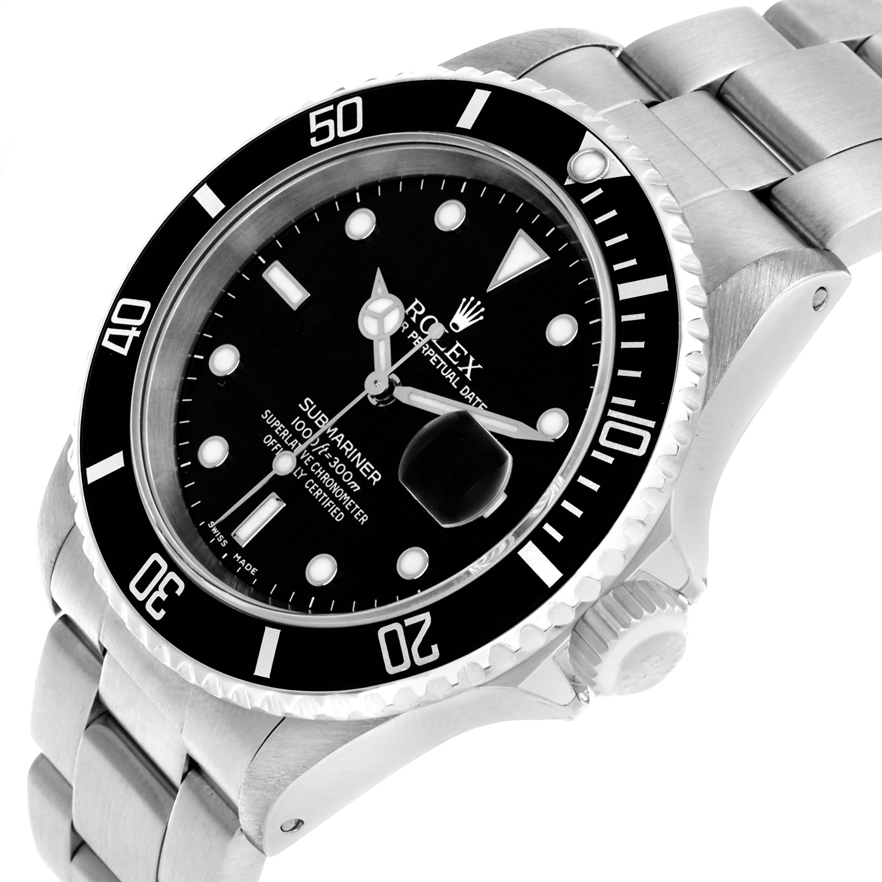 The Rolex Submariner 16610 Men's Stainless Steel Black Dial watch is shown at an angled view, featuring the face, bezel, crown, and part of the bracelet.