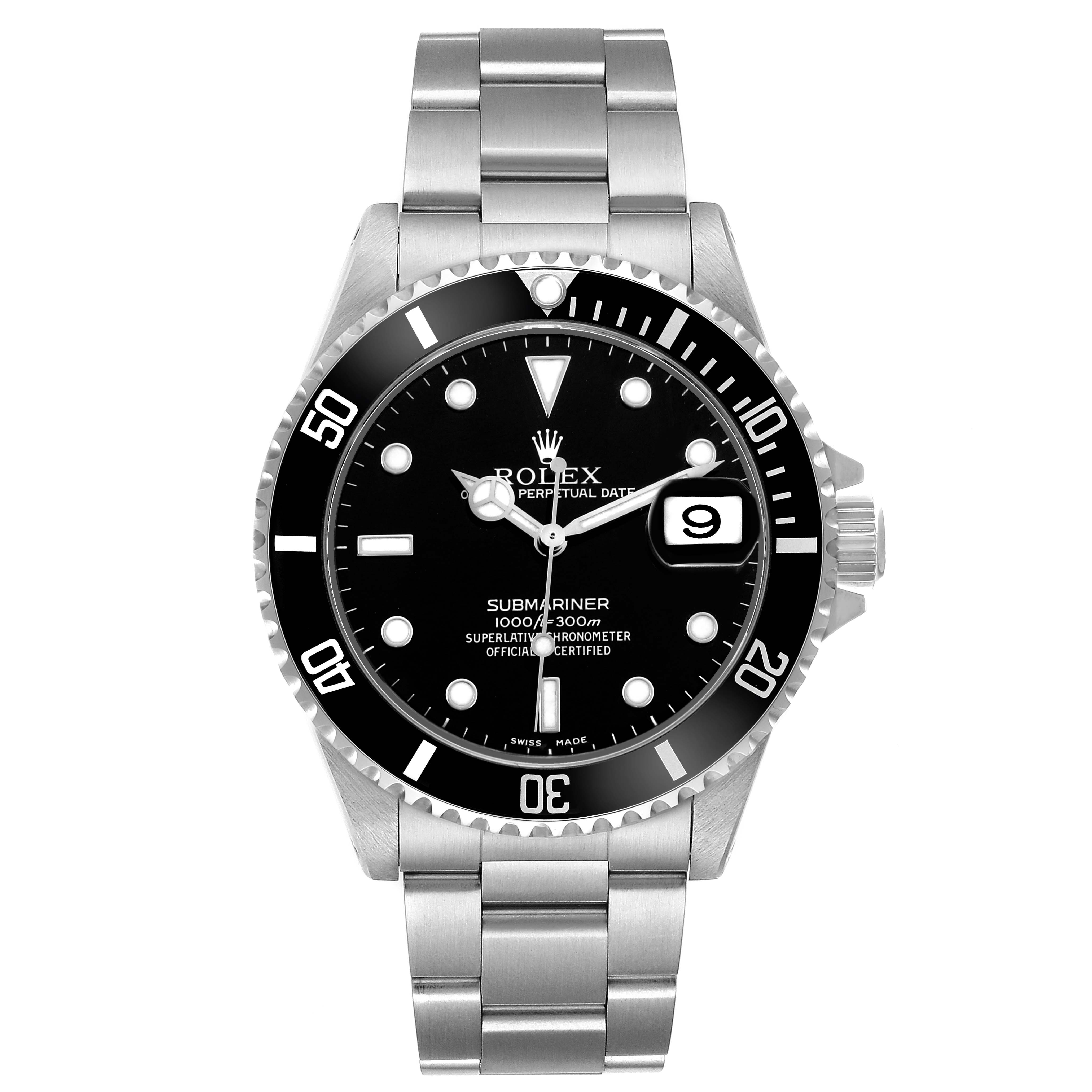 The Rolex Submariner 16610 Men's Stainless Steel Black Dial watch is shown from a straight-on angle, featuring the bracelet, bezel, dial, and date window.