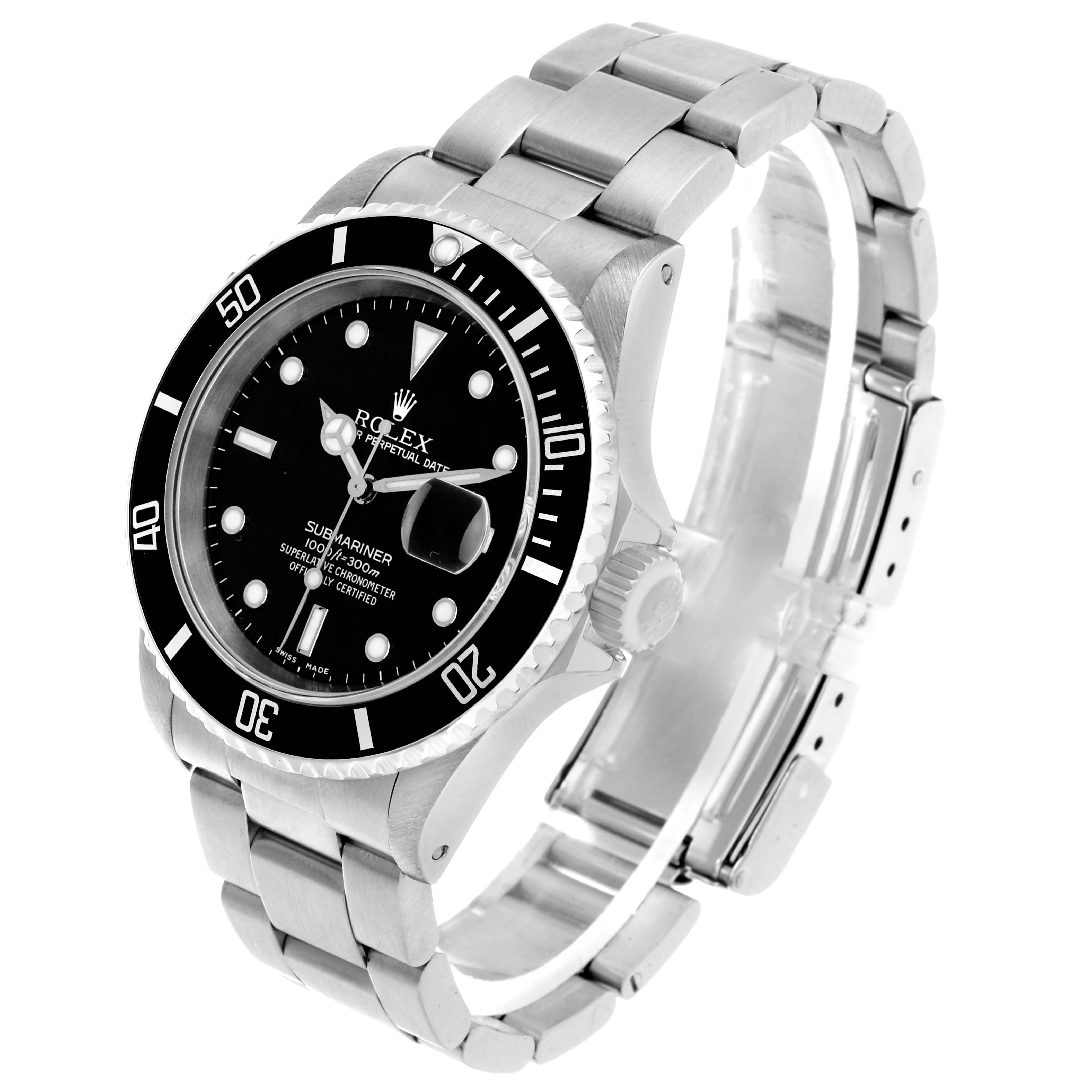 The Rolex Submariner 16610 Men's Stainless Steel Black Dial watch is shown at an angle displaying the dial, bezel, case, and part of the bracelet.