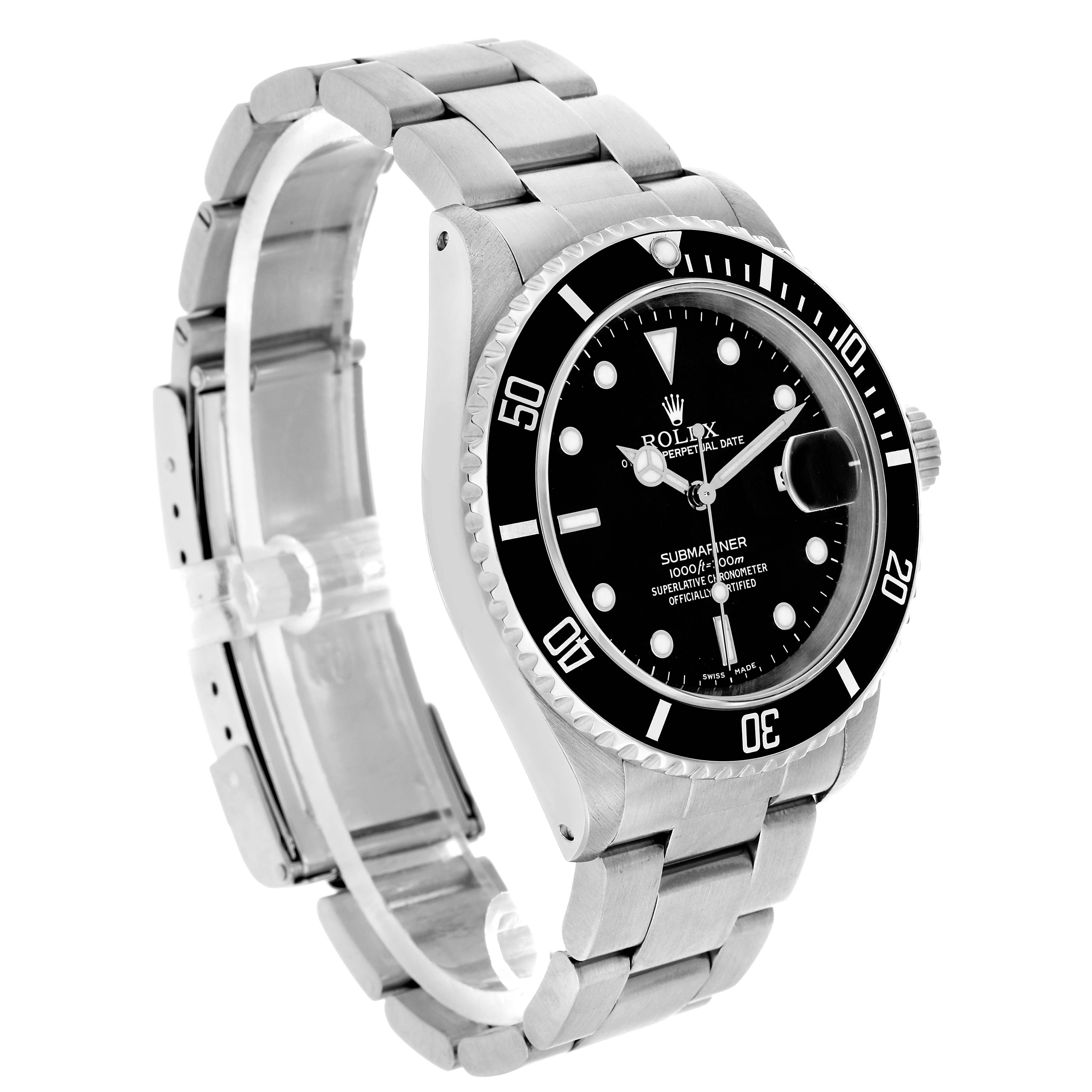 The Rolex Submariner 16610 Men's Stainless Steel Black Dial watch is shown at a three-quarter angle, displaying the face, bezel, and part of the bracelet clearly.