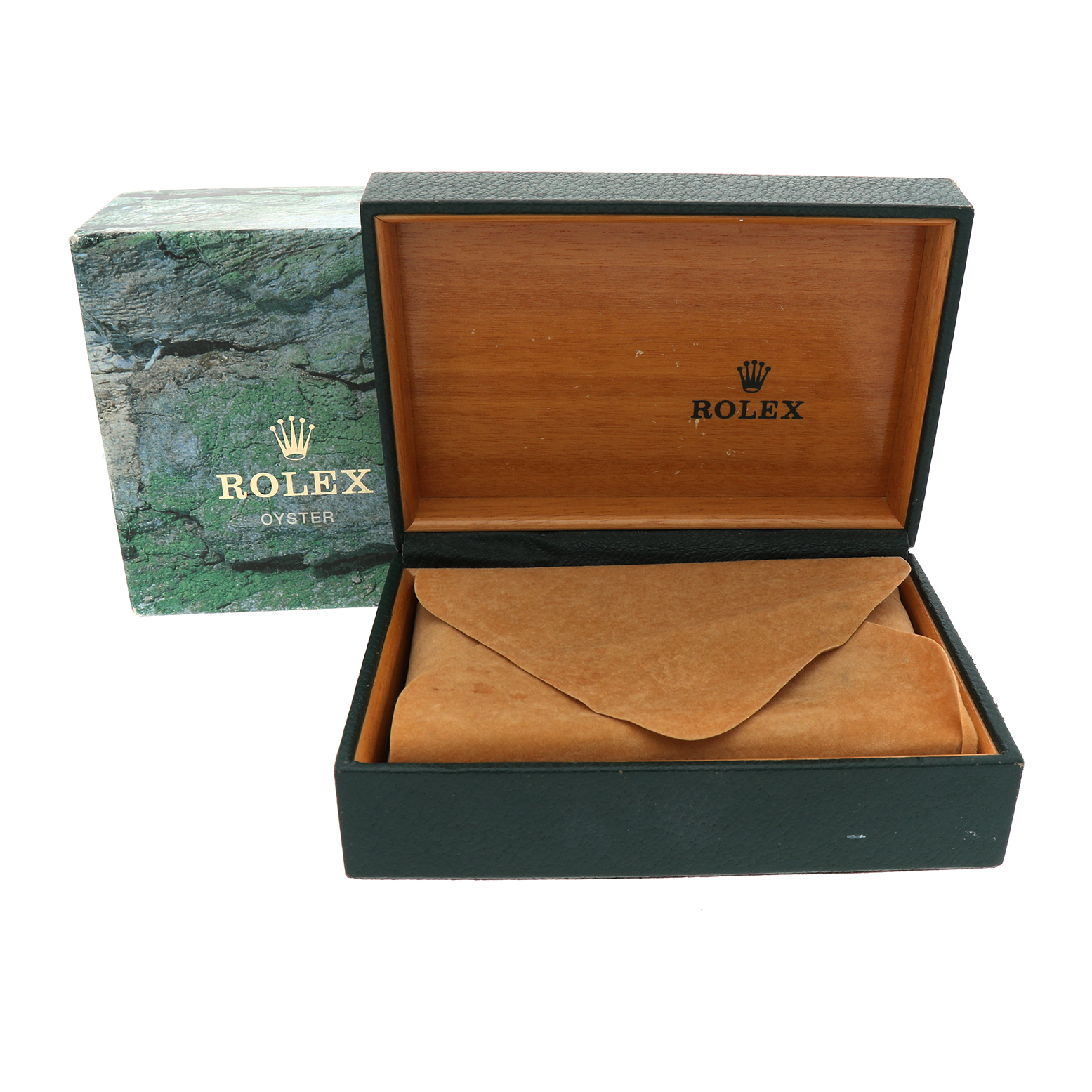 The image shows a Rolex Submariner 16610 Men's Stainless Steel Black Dial watch box and packaging, open with a suede pouch inside.