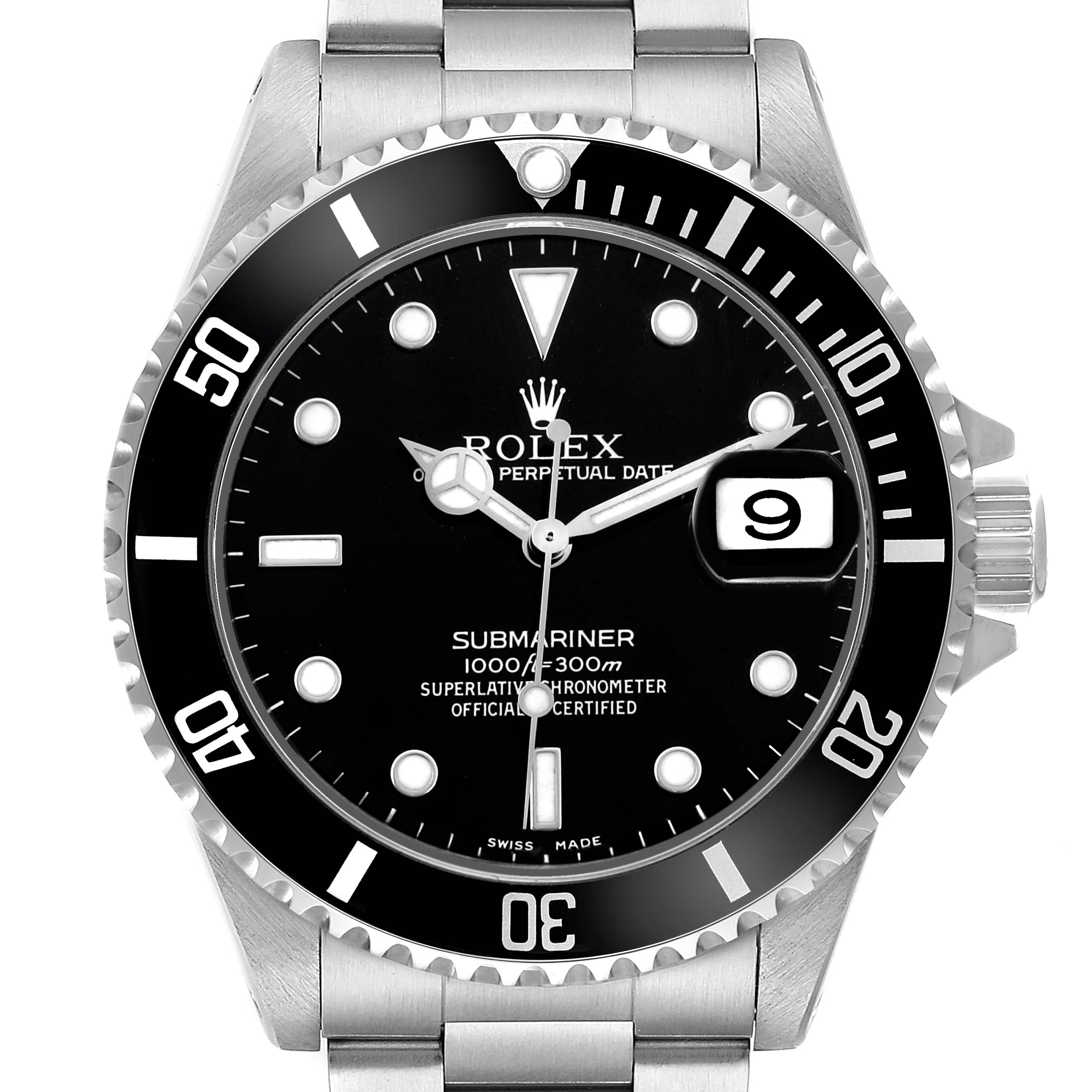 The Rolex Submariner 16610 Men's Stainless Steel Black Dial is shown from a frontal angle, displaying its dial, bezel, bracelet, and crown.