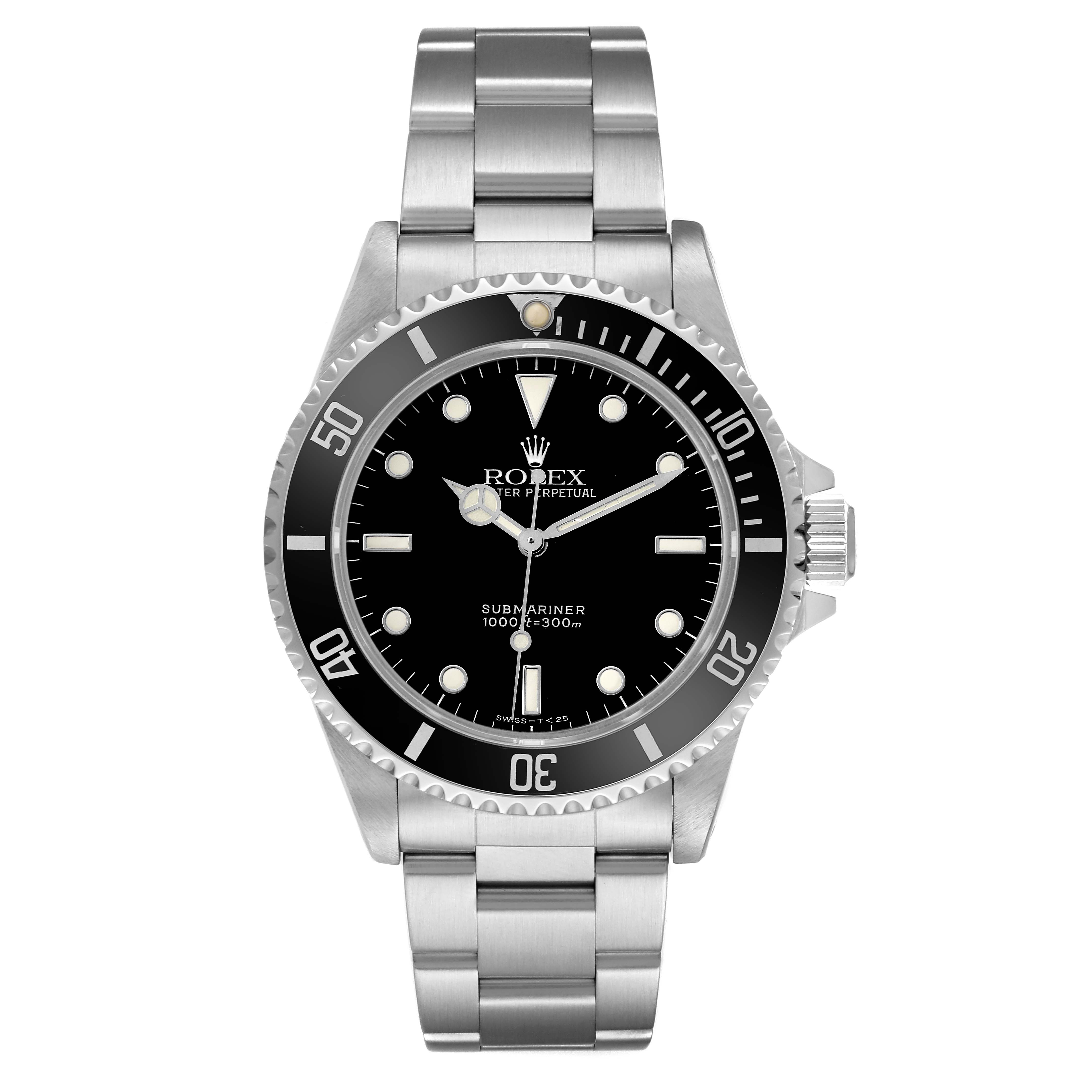 The Rolex Submariner 14060 Men's Stainless Steel Black Dial watch is shown from a front angle, highlighting its bezel, dial, hands, and bracelet.