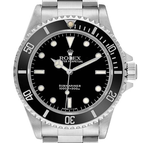 The Rolex Submariner 14060 Men's Stainless Steel Black Dial watch is shown from a frontal angle, highlighting the dial, bezel, crown, and bracelet.