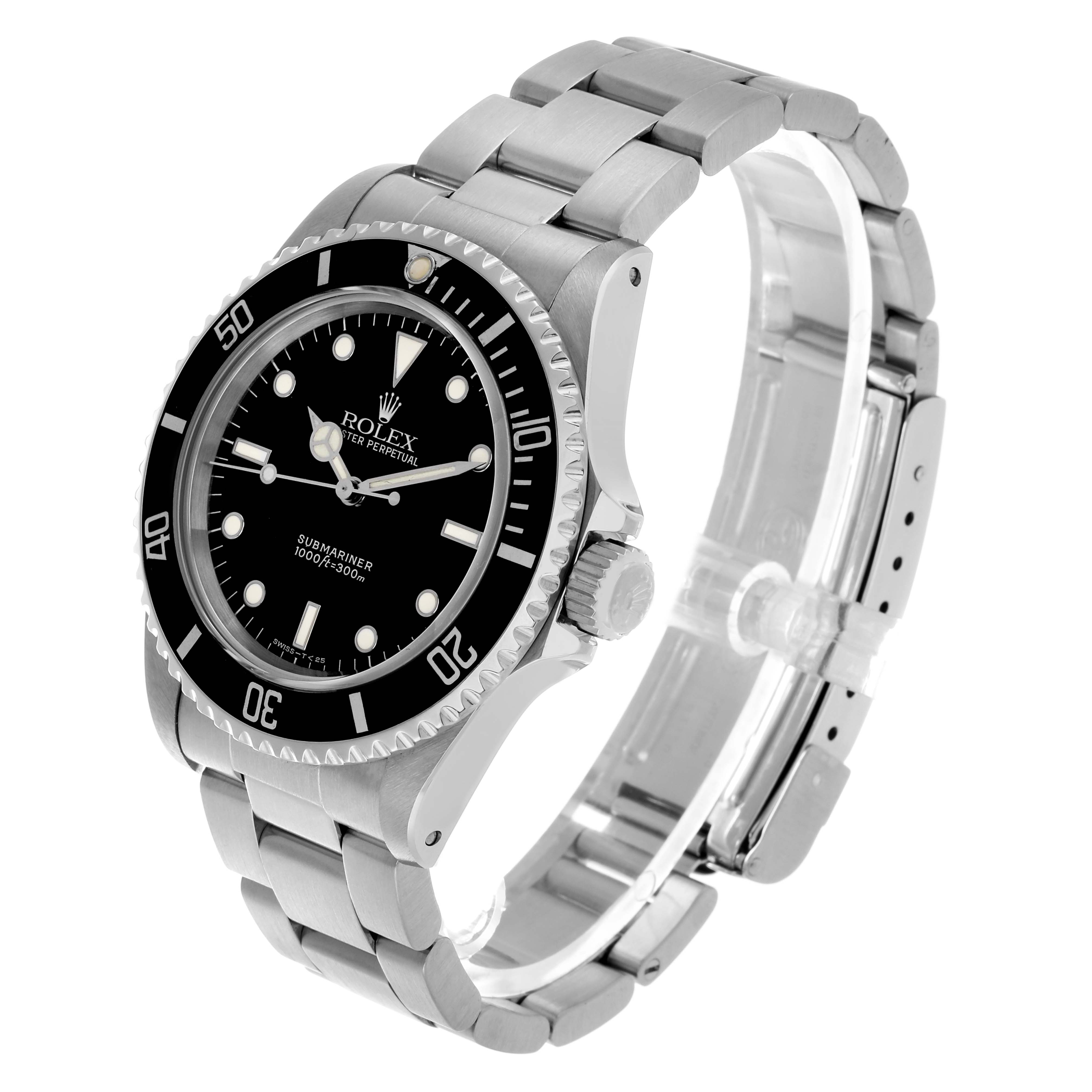 The Rolex Submariner 14060 Men's Stainless Steel Black Dial watch is shown at a slight angle, revealing the face, bezel, and stainless steel bracelet.