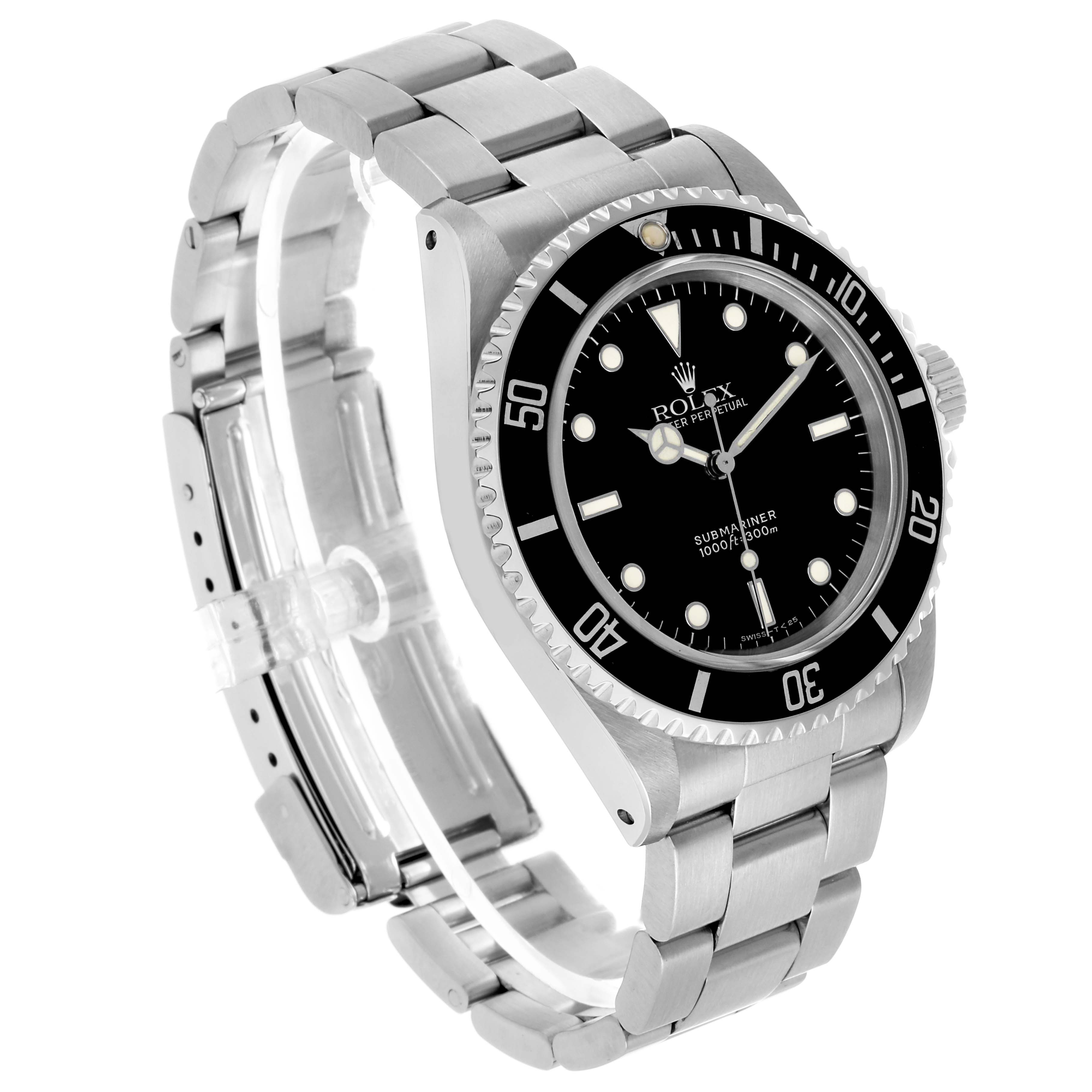 The Rolex Submariner 14060 Men's Stainless Steel Black Dial watch is displayed at a three-quarters angle, highlighting the dial, bezel, and bracelet.