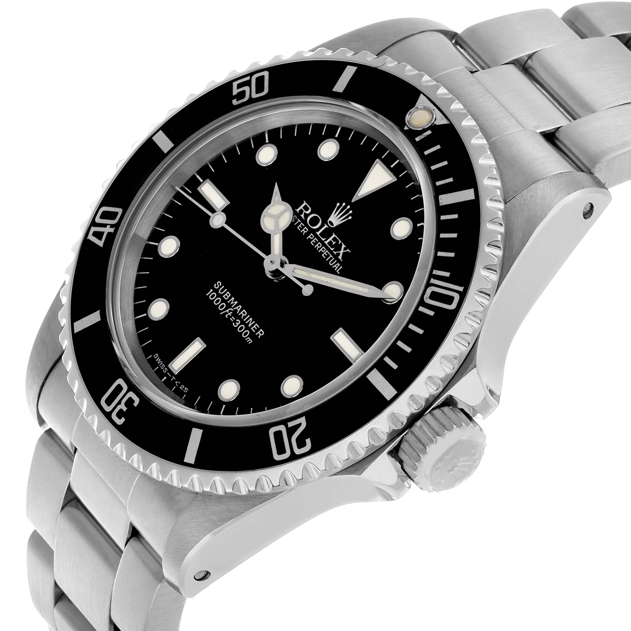 The Rolex Submariner 14060 Men's Stainless Steel Black Dial is shown at an angled side view, displaying its bezel, crown, dial, and bracelet.