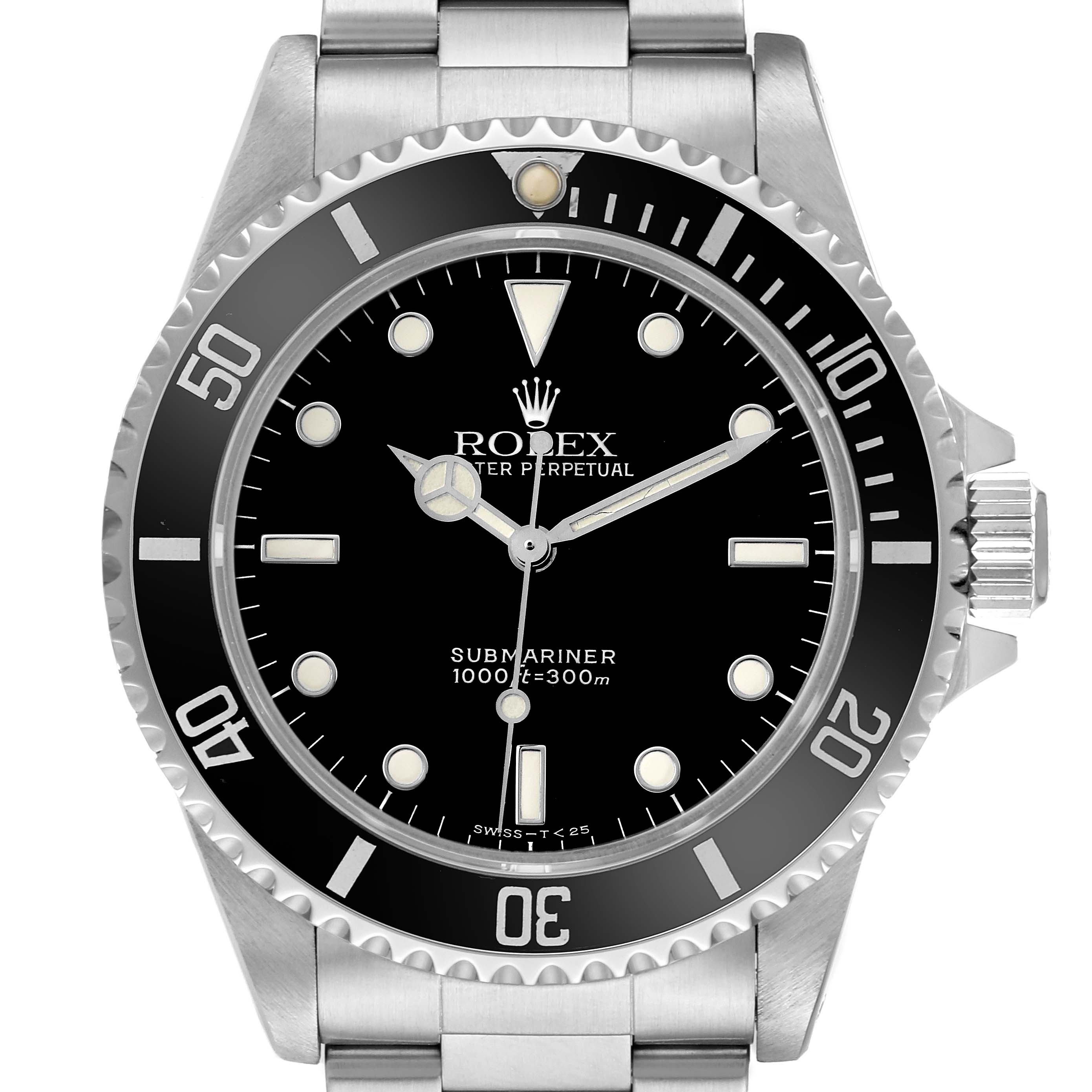 This image shows a front view of the Rolex Submariner 14060 Men's Stainless Steel Black Dial, displaying the full dial, bezel, and part of the bracelet.