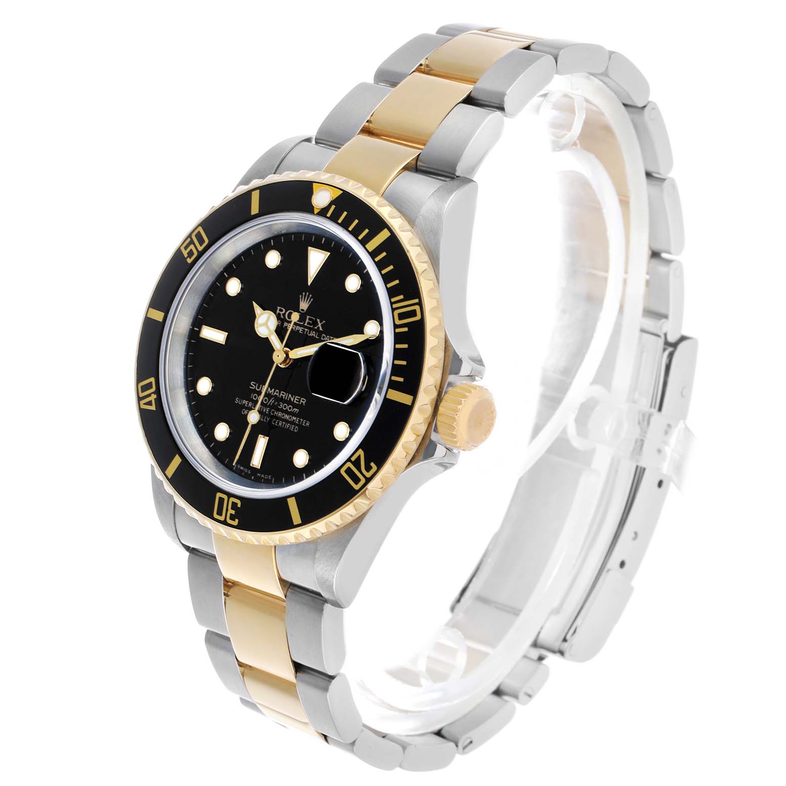 The Rolex Submariner 16613 Men's Steel and Gold (two tone) Black Dial watch is shown at a three-quarter angle, highlighting the bezel, dial, and two-tone bracelet.