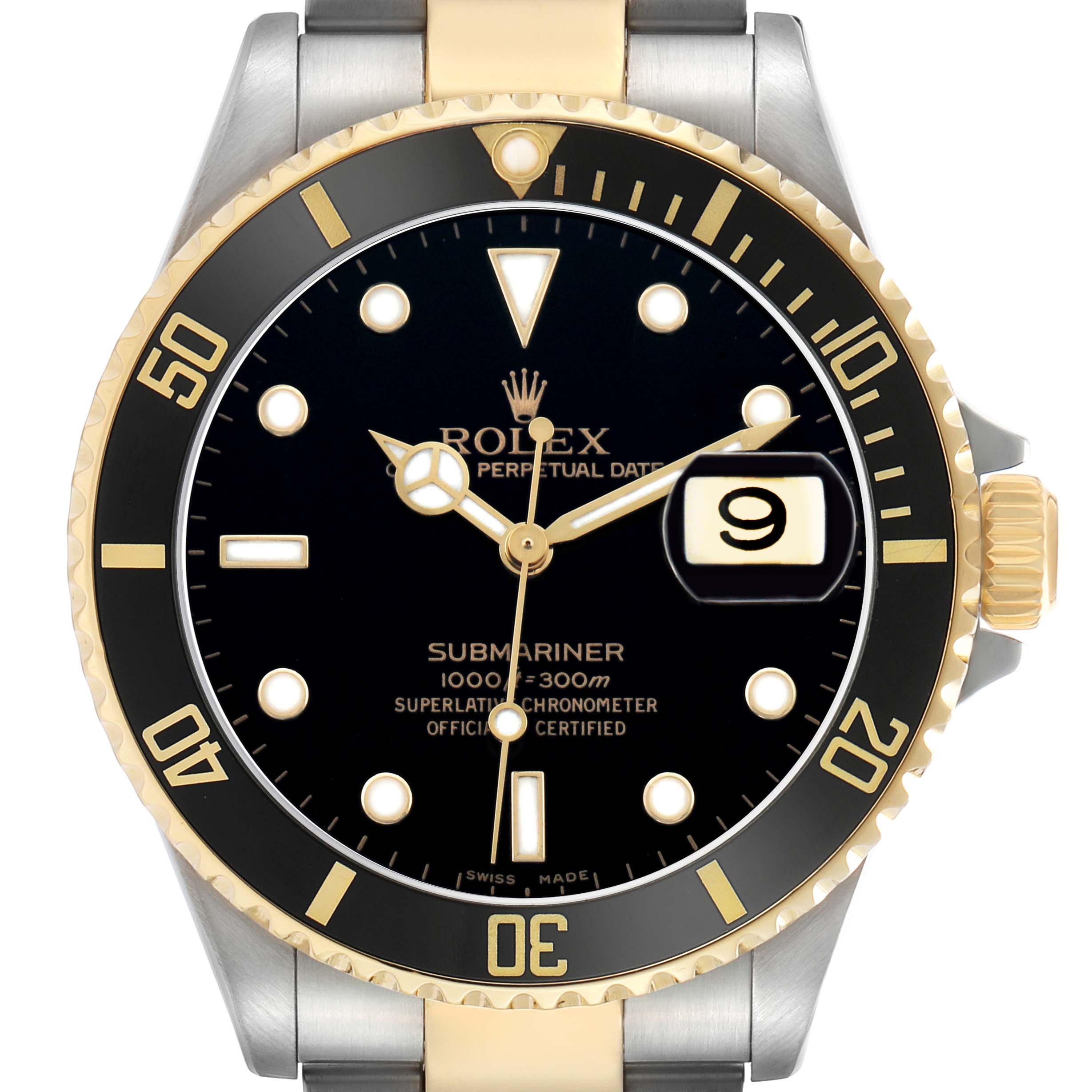 The Rolex Submariner 16613 Men's Steel and Gold (two tone) Black Dial watch is shown from the front, featuring the bezel, dial, crown, and part of the bracelet.