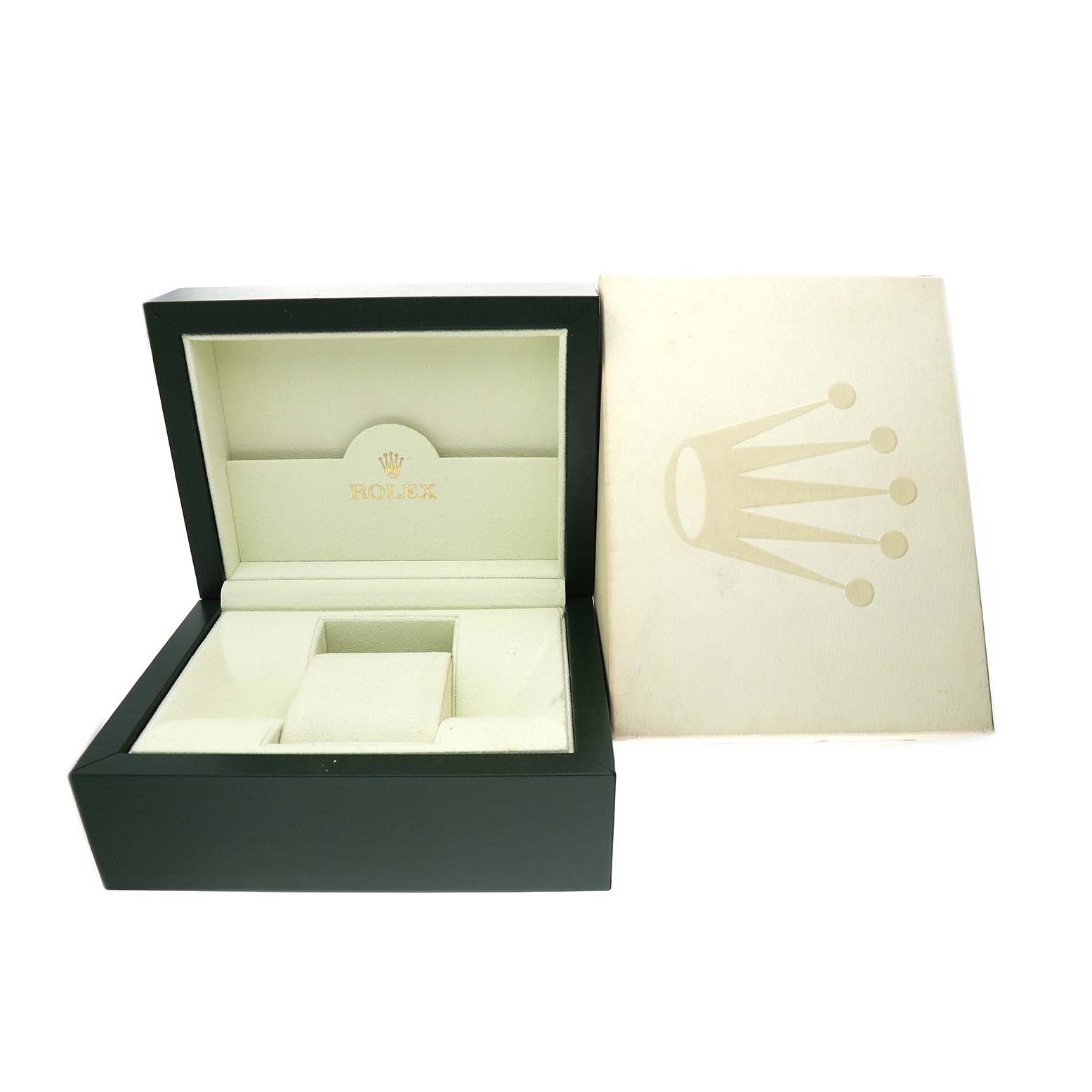 The image shows the open presentation box and sleeve for a Rolex Submariner 16613 Men's Steel and Gold (two tone) Black Dial watch.